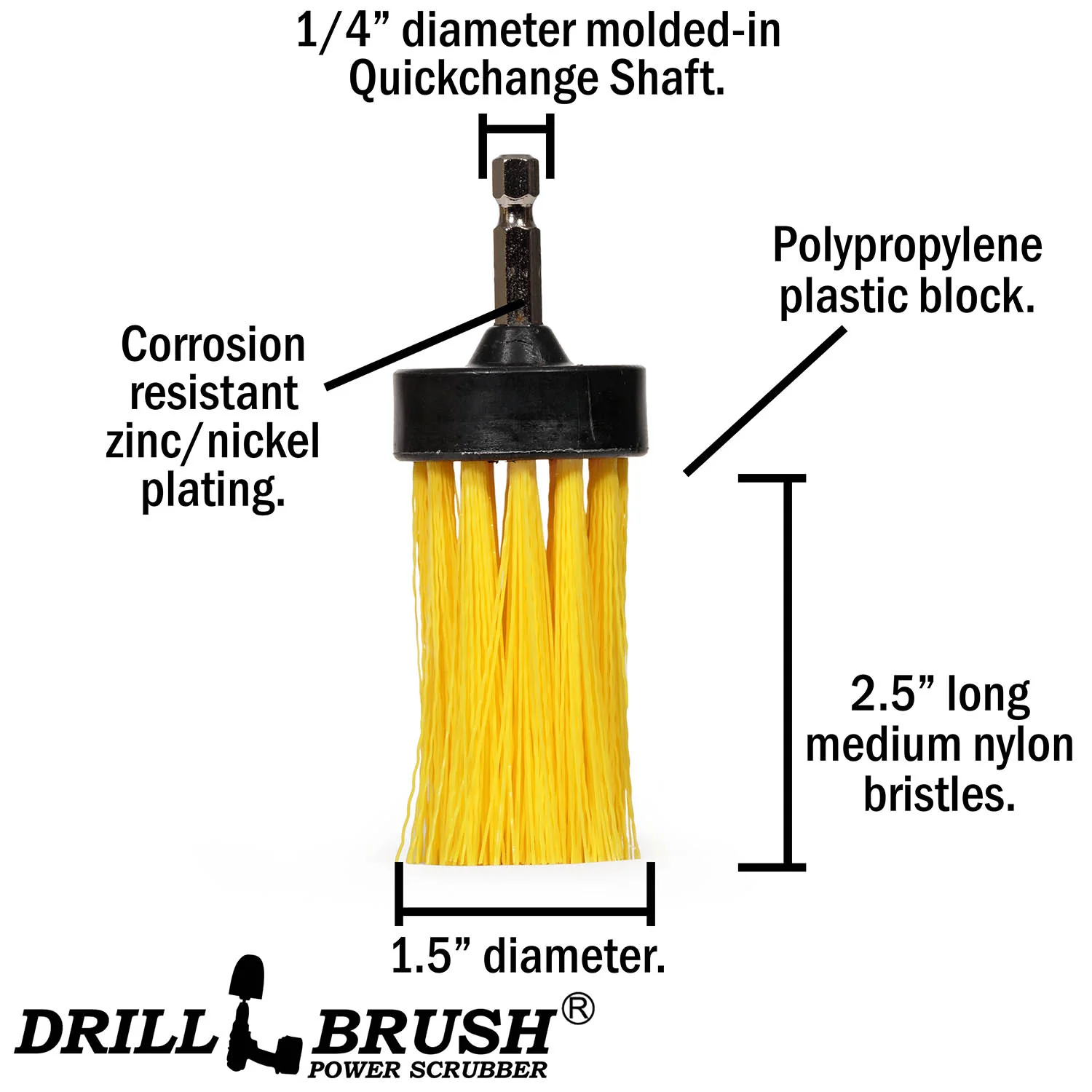 1in Yellow Brush - Medium Stiffness - Long Bristles - Bathroom Spot Cleaning | 1in-L-Y-QC-DB - Image 4