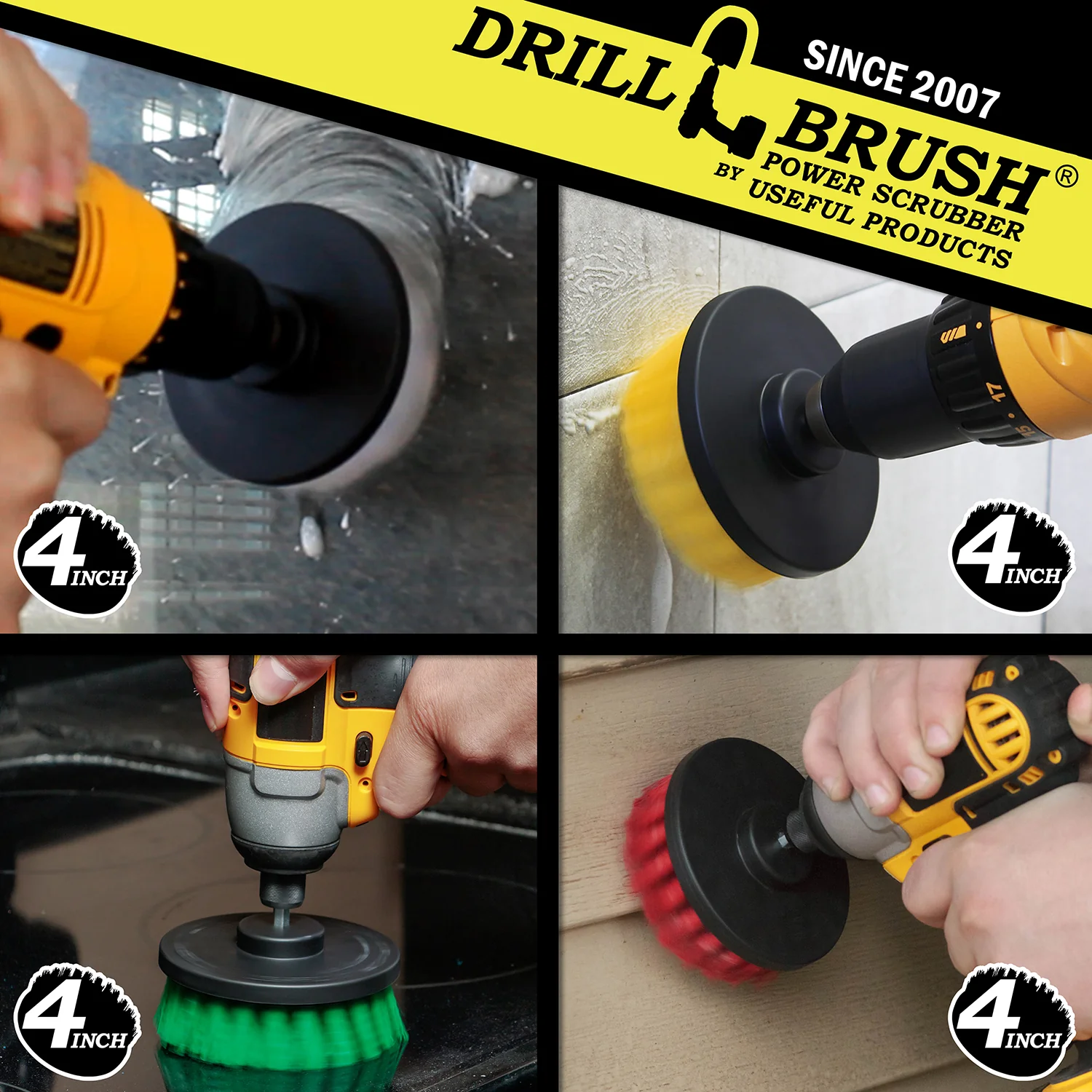 4-piece 4in Brush Kit - Soft, Medium, & Stiff - Home , Kitchen, Bathroom, & Patio | 4in-S-GRWY-QC-DB - Image 4