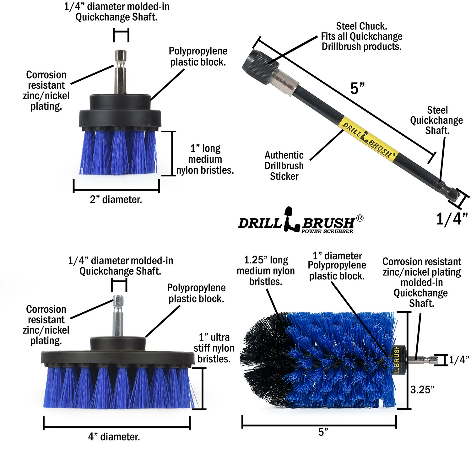 4in Flat Brush, 2in Short Brush, and Jumbo Original all in Medium Blue Plus 5" Extension - Aquarium Cleaning Products  | B-S-42J-5X-QC-DB - Image 5