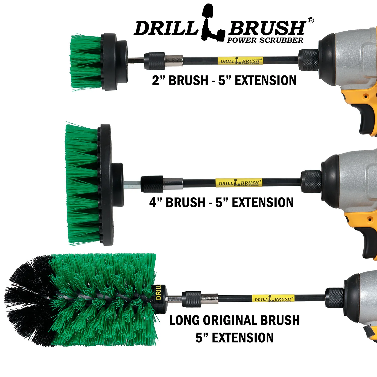 4in Flat Brush, 2in Short Brush, and Jumbo Original all in Medium Green Plus 5" Extension - Kitchen Drill Brushes with Long Reach Extender  | G-S-42J-5X-QC-DB - Image 3