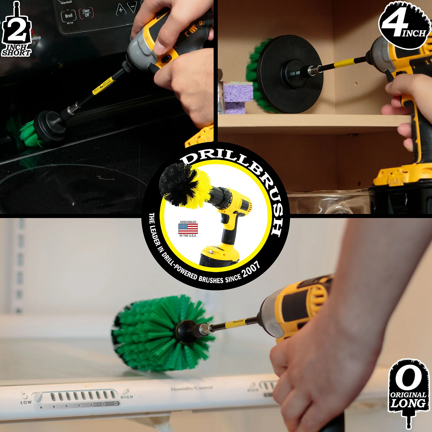 4in Flat Brush, 2in Short Brush, and Jumbo Original all in Medium Green Plus 5" Extension - Kitchen Drill Brushes with Long Reach Extender  | G-S-42J-5X-QC-DB - Image 4