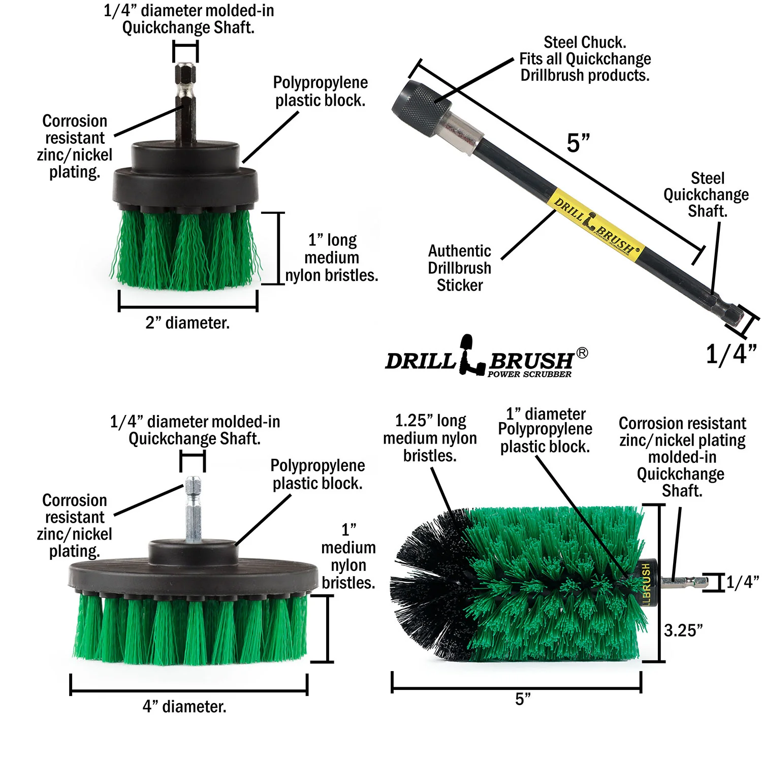 4in Flat Brush, 2in Short Brush, and Jumbo Original all in Medium Green Plus 5" Extension - Kitchen Drill Brushes with Long Reach Extender  | G-S-42J-5X-QC-DB - Image 5