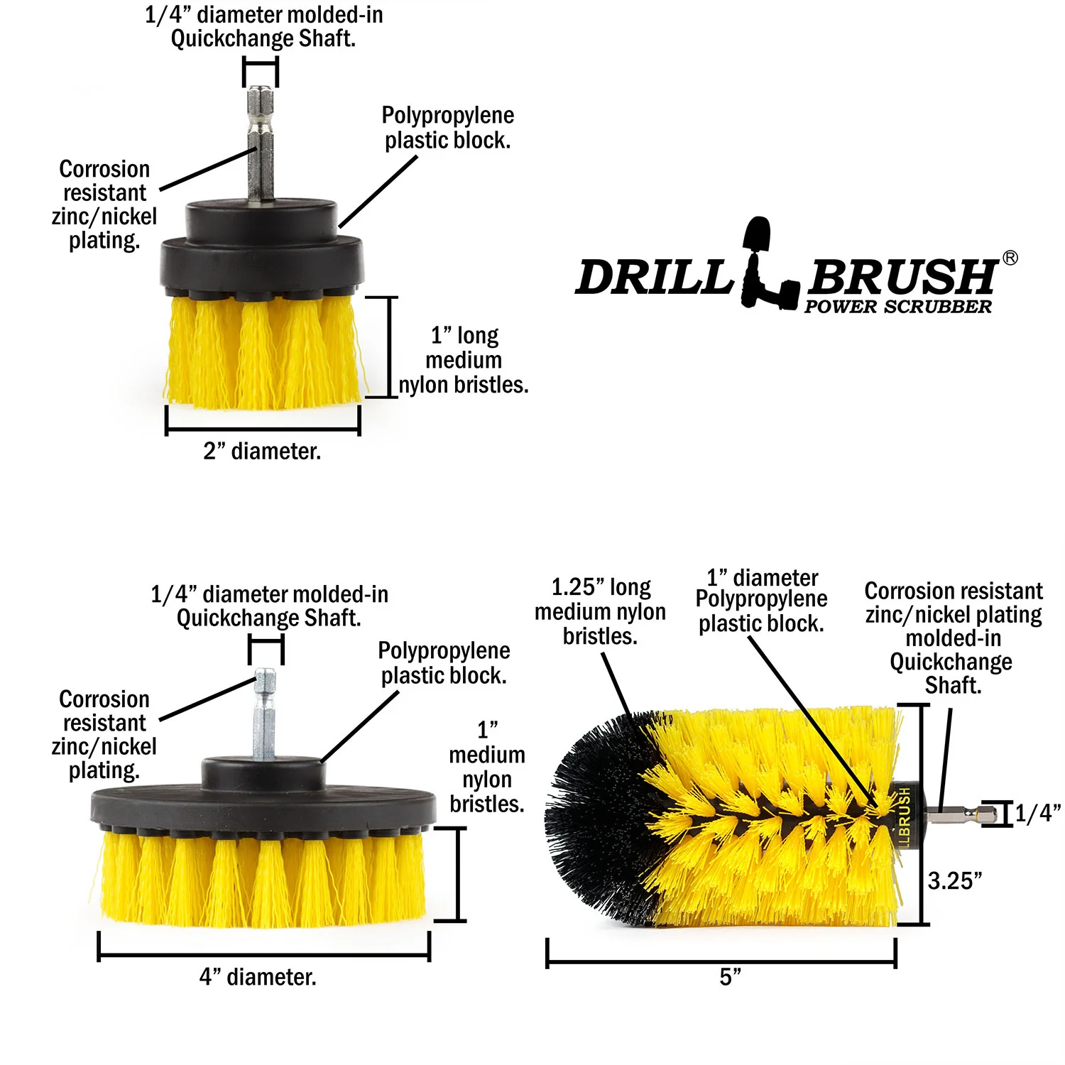 4in Flat Brush, 2in Short Brush, and Jumbo Original all in Medium Stiffness Yellow - Bathroom Accessories Cleaning Set | Y-S-42J-QC-DB - Image 5