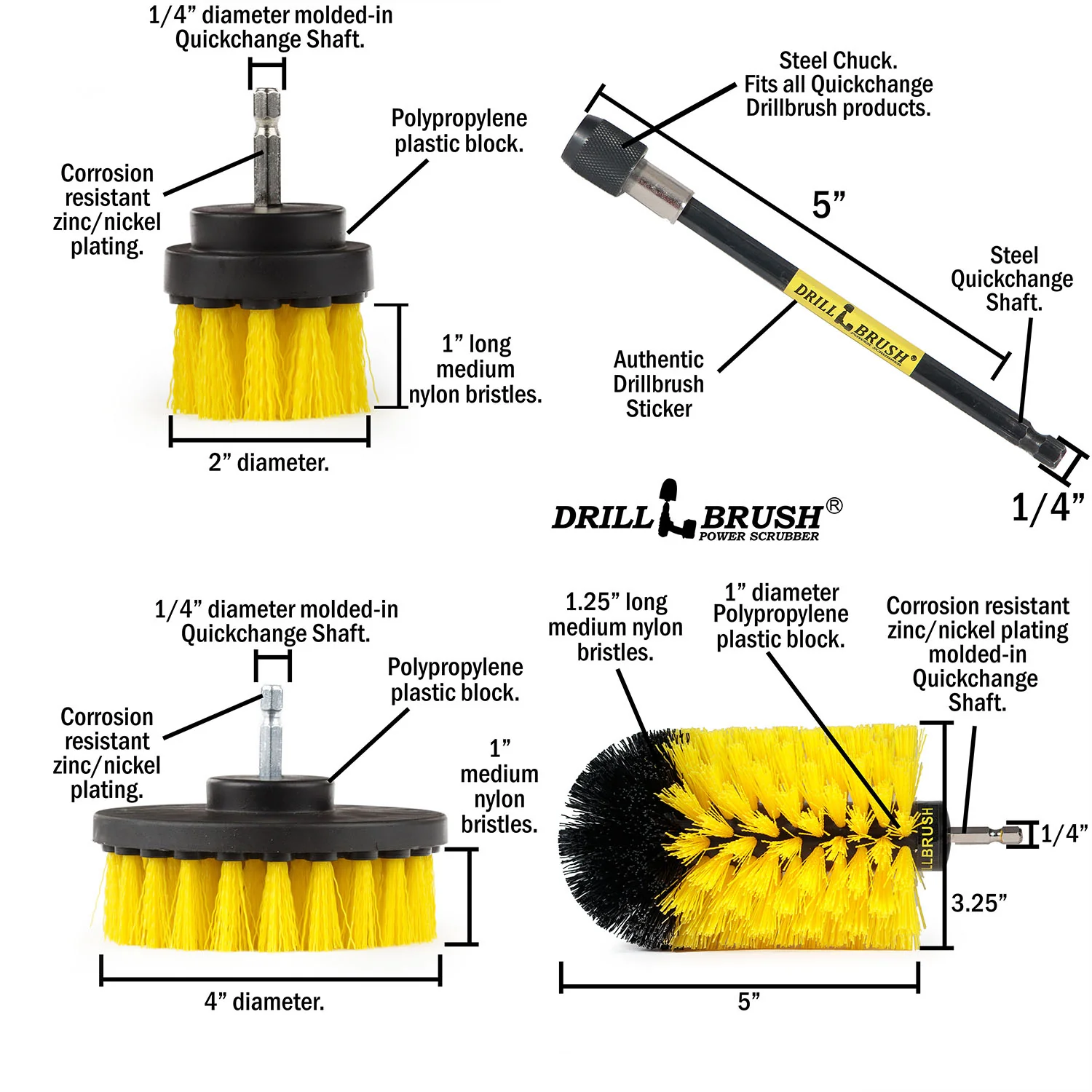 4in Flat Brush, 2in Short Brush, and Jumbo Original all in Medium Yellow Plus 5" Extension - All Purpose Cleaner with Extender  | Y-S-42J-5X-QC-DB - Image 5