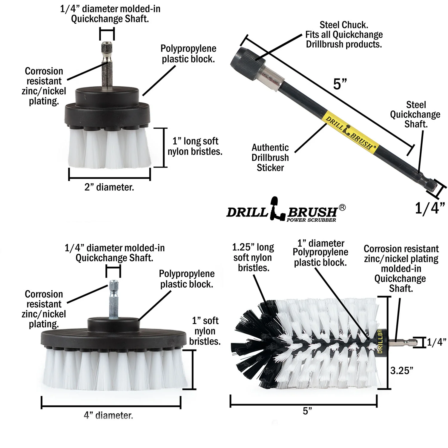 4in Flat Brush, 2in Short Brush, and Jumbo Original all in Soft White Plus 5" Extension - Automotive Cleaning kit with Extended Reach Attachment  | W-S-42J-5X-QC-DB - Image 5