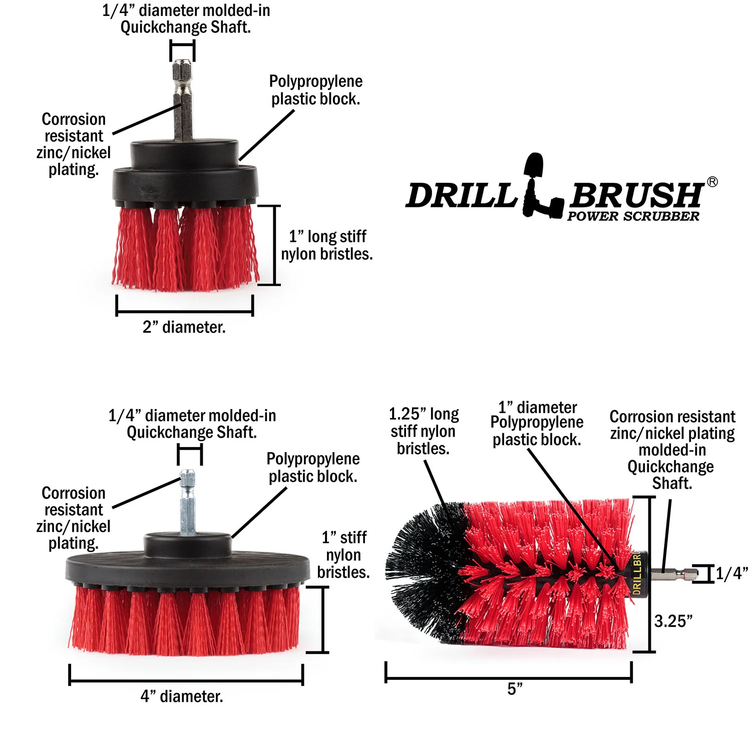 4in Flat Brush, 2in Short Brush, and Jumbo Original all in Stiff Red - Outdoor Cleaning Brush Set | R-S-42J-QC-DB - Image 5