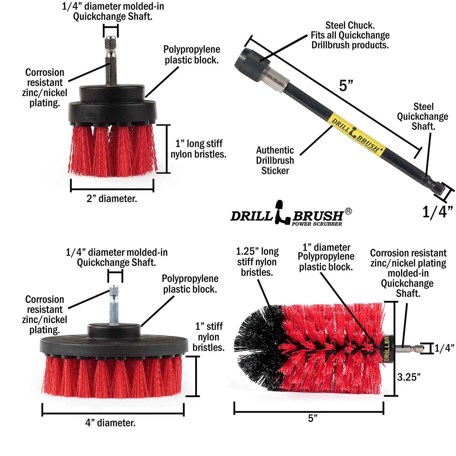 4in Flat Brush, 2in Short Brush, and Jumbo Original all in Stiff Red Plus 5" Extension - Marble Cleaner  | R-S-42J-5X-QC-DB - Image 5