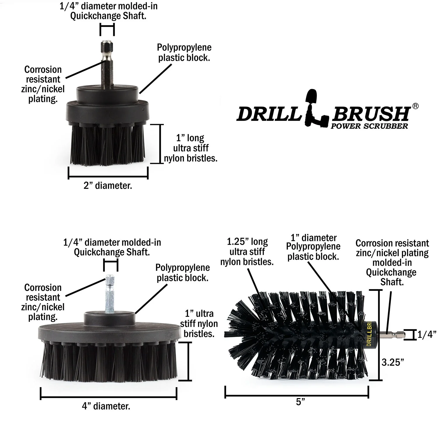 4in Flat Brush, 2in Short Brush, and Jumbo Original all in Ultra Stiff Black - Baked on Food Remover Brush Set | K-S-42J-QC-DB - Image 5