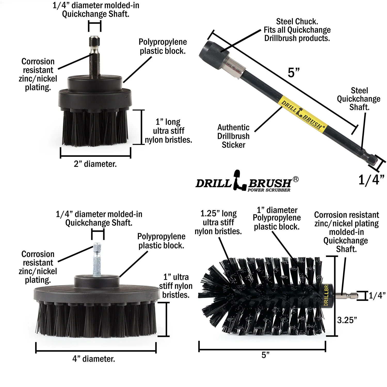 4in Flat Brush, 2in Short Brush, and Jumbo Original all in Ultra Stiff Black Plus 5" Extension - Wire Brush Replacement  | K-S-42J-5X-QC-DB - Image 5