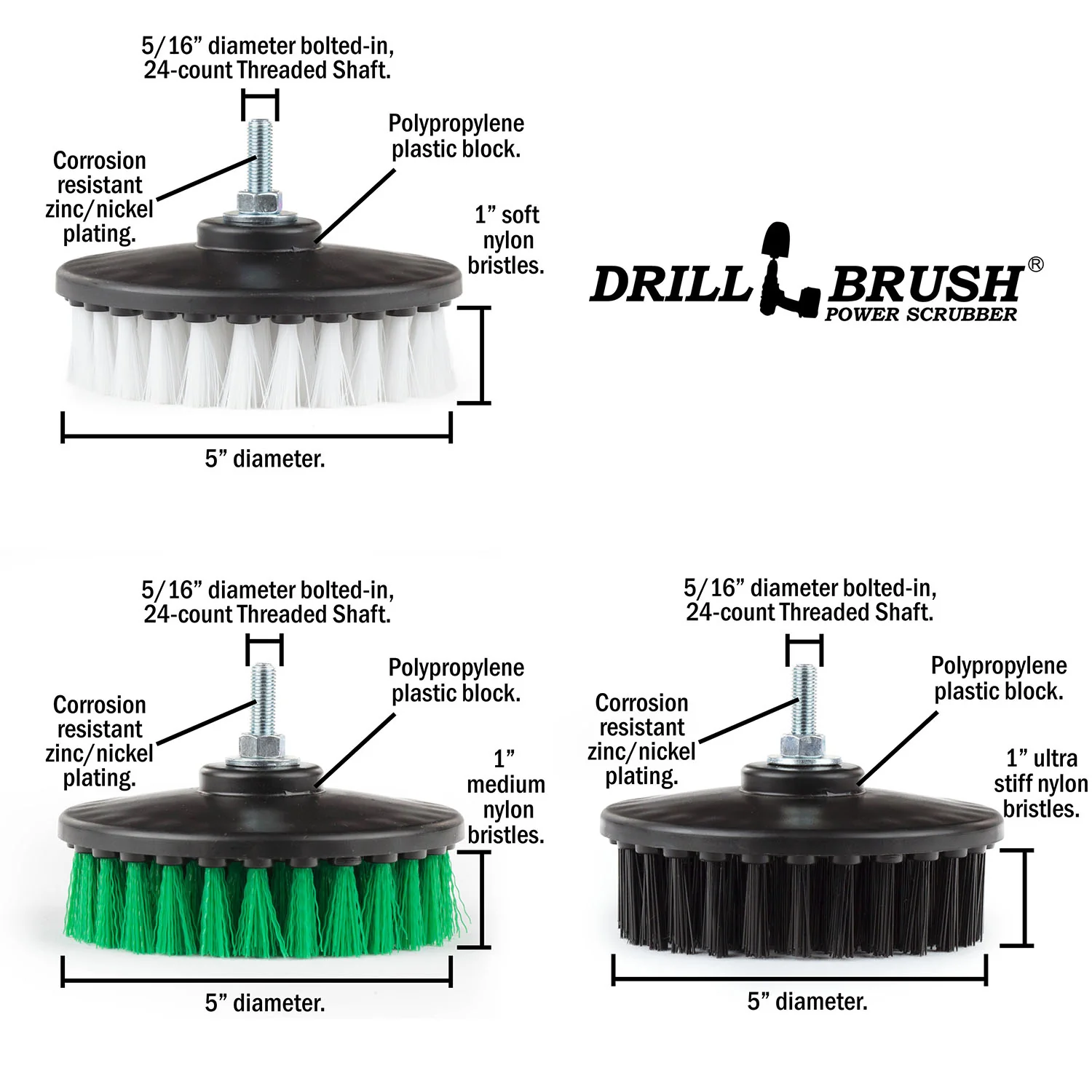 5 inch Threaded 3-piece Brushes - Soft, Medium, & Ultra Stiff Bristles - Home, Auto, and Grill Cleaning | 5in-S-WGK-T-DB - Image 4