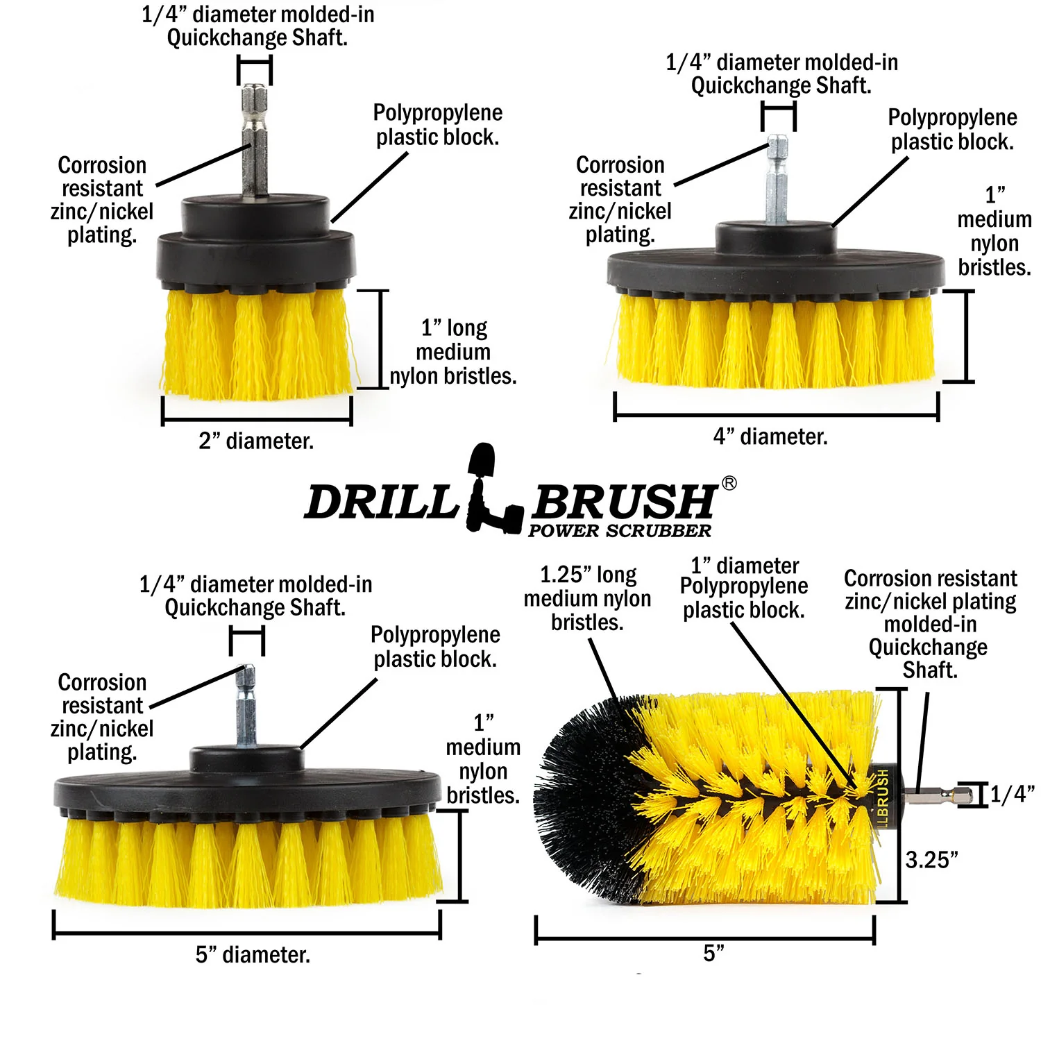 5in Flat Brush, 4in Flat Brush, 2in Short Brush, and Jumbo Original all in Medium Yellow - Bathroom Cleaning Products  | Y-S-E542J-QC-DB - Image 5