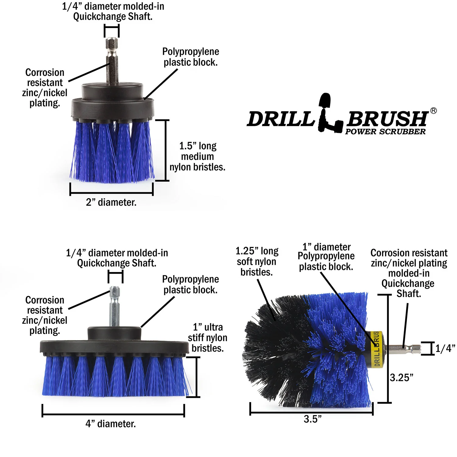 Original, 4in, & 2in-L Blue Brushes - Medium Bristles - Marine & Pool Cleaning | B-4OS-2L-QC-DB - Image 4