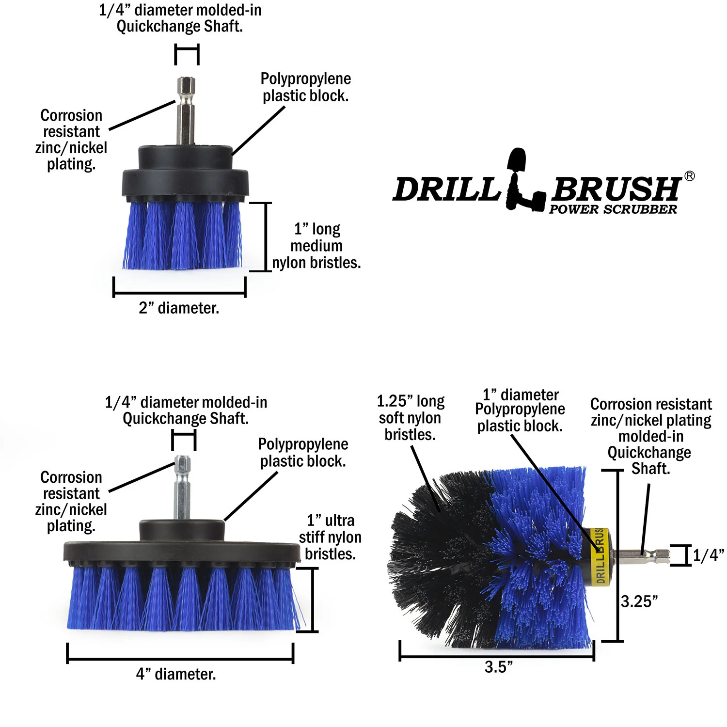 Original, 4in, & 2in Blue Brushes - Medium Bristles - Marine & Pool Cleaning | B-S-42O-QC-DB - Image 5