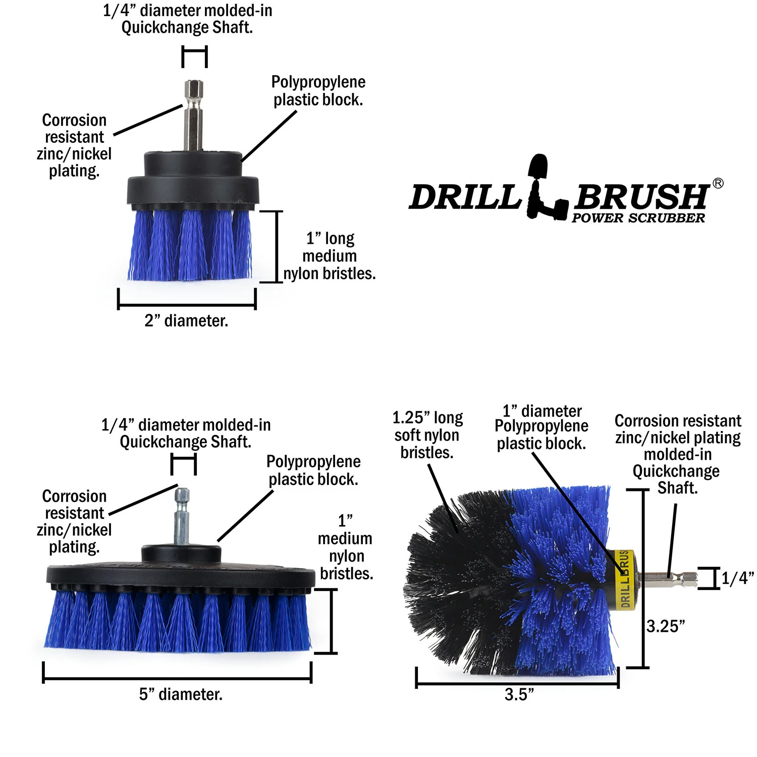 Original, 5in, & 2in Blue Brushes - Medium Bristles - Marine & Pool Cleaning | B-S-52O-QC-DB - Image 5