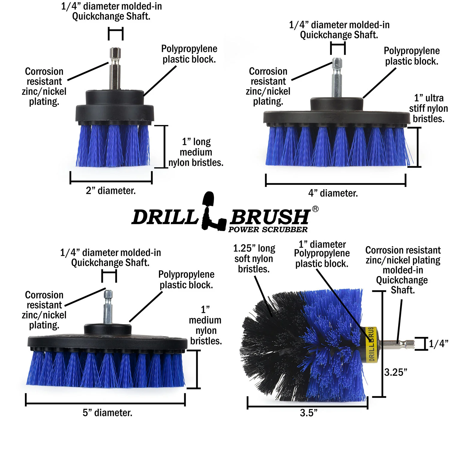 Original, 5in, 4in, and 2in Blue Brushes - Medium Bristles - Marine & Pool Cleaning | B-S-542O-QC-DB - Image 5