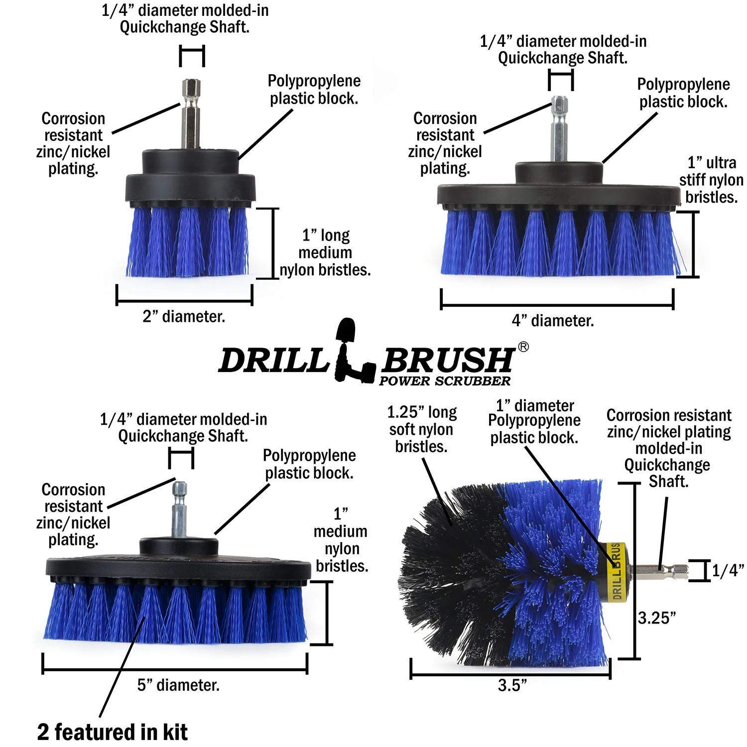 Original, 5in, 5in, 4in, & 2in Blue Brushes - Medium Bristles - Pool & Marine | B-S-5542O-QC-DB - Image 5