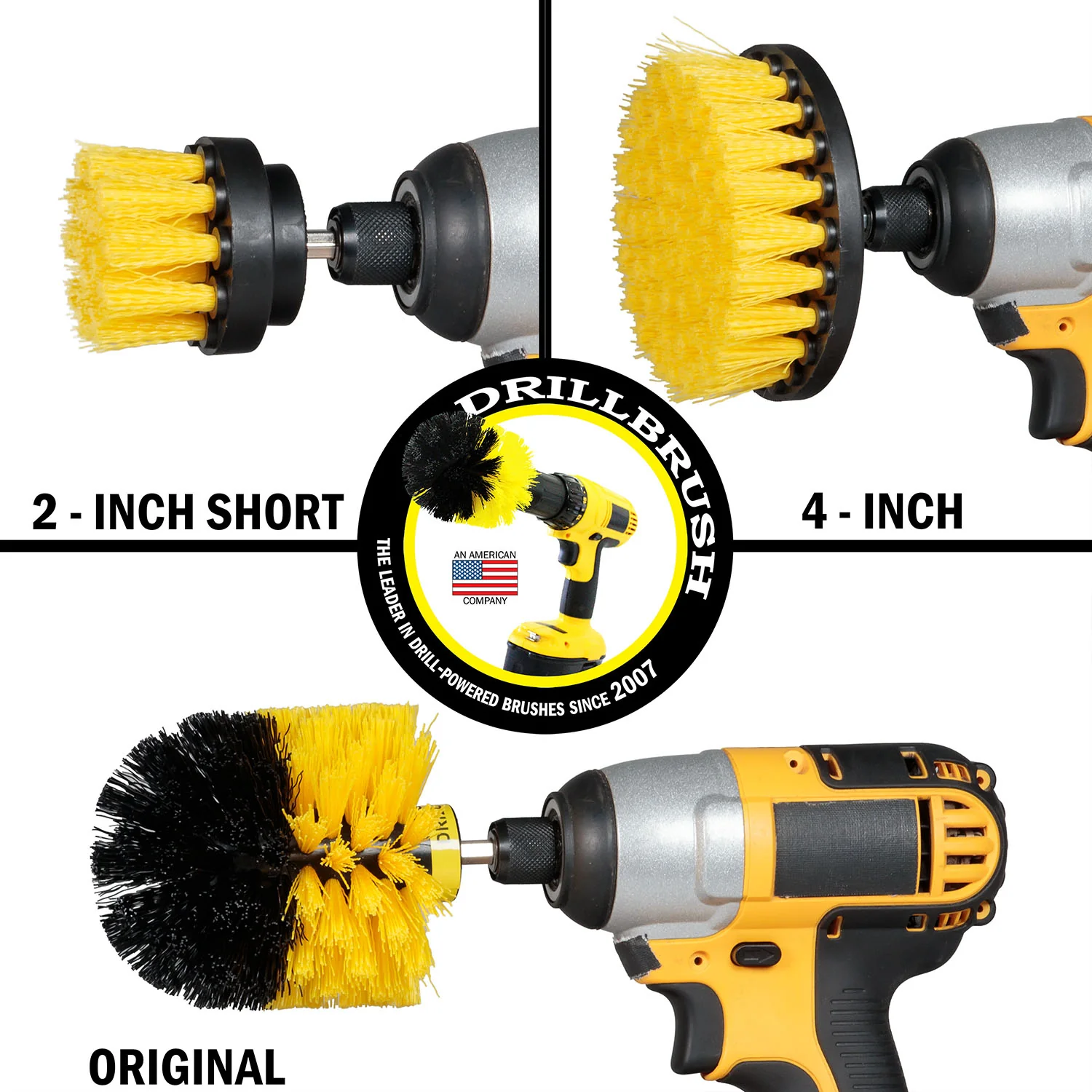 Drill-Tergent Bathroom Cleaner w/ Original, 4in, & 2in Yellow Brushes - Medium Stiffness - Bathroom & Shower Cleaning | Y-S-42O-QC-DB - Image 3