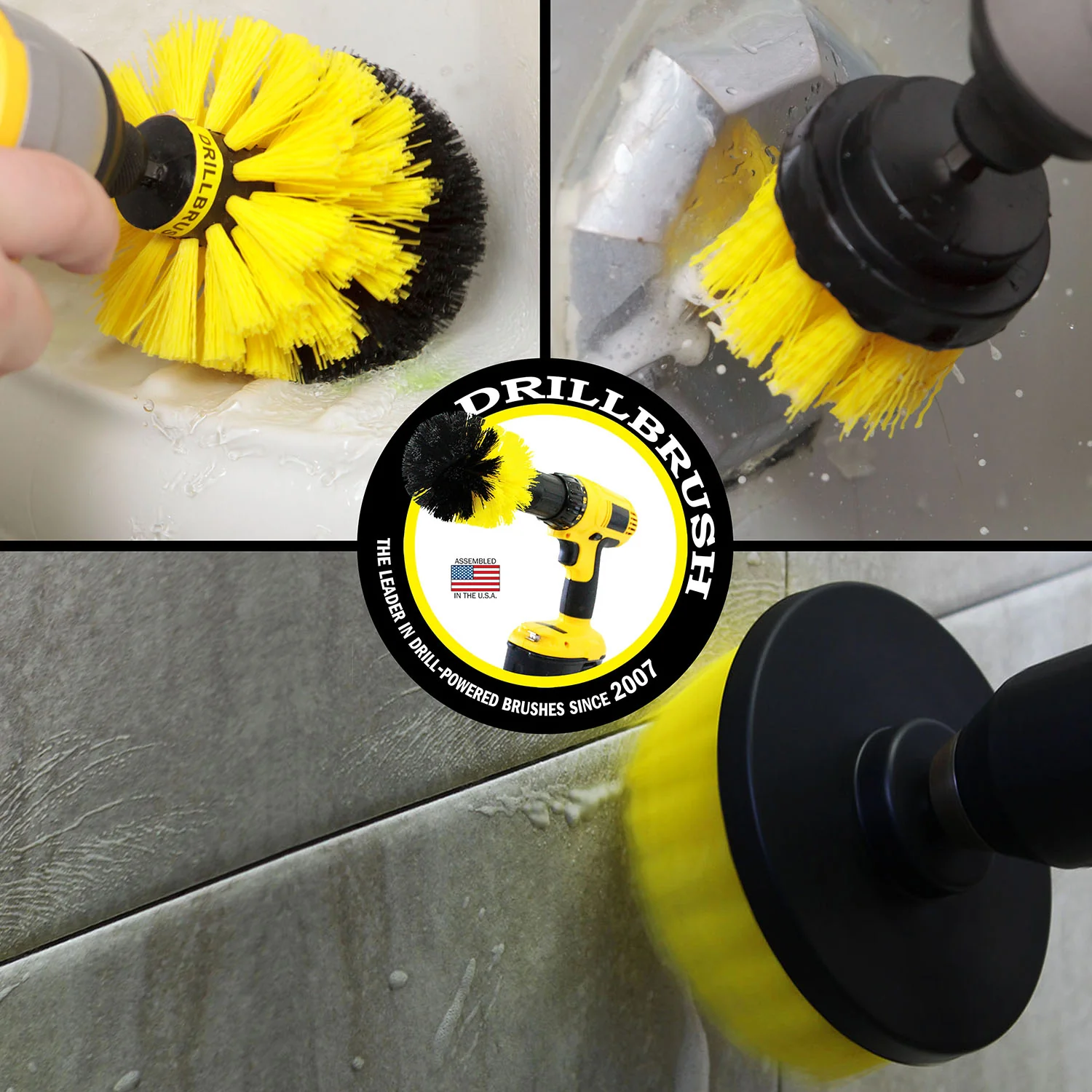 Drill-Tergent Bathroom Cleaner w/ Original, 4in, & 2in Yellow Brushes - Medium Stiffness - Bathroom & Shower Cleaning | Y-S-42O-QC-DB - Image 4