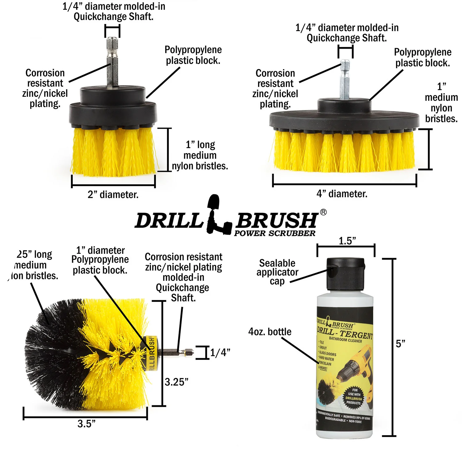 Drill-Tergent Bathroom Cleaner w/ Original, 4in, & 2in Yellow Brushes - Medium Stiffness - Bathroom & Shower Cleaning | Y-S-42O-QC-DB - Image 5