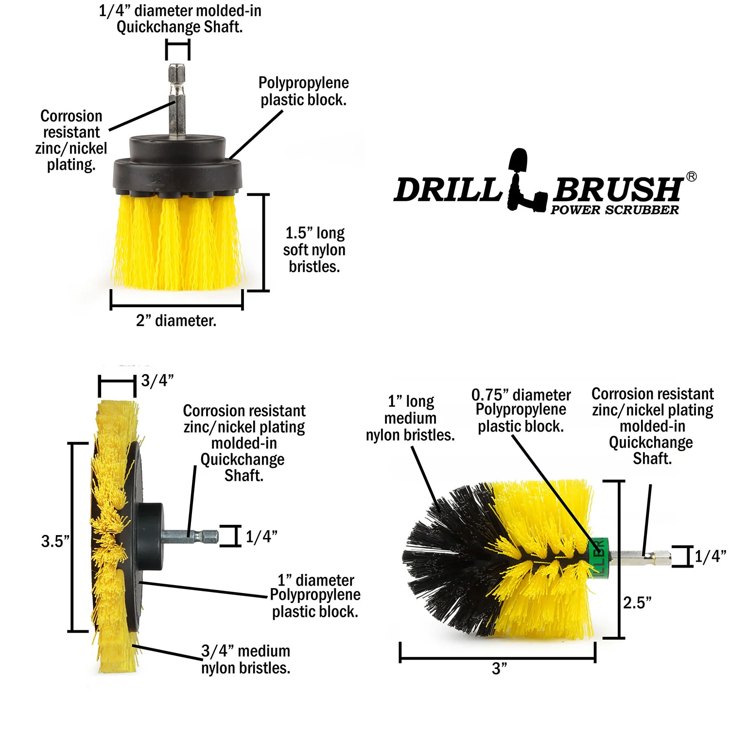 Edge Brush, 2in Long, and Mini Original all in Medium Stiffness Yellow - Shower Cleaning Supplies | Y-EMS-2L-QC-DB - Image 5