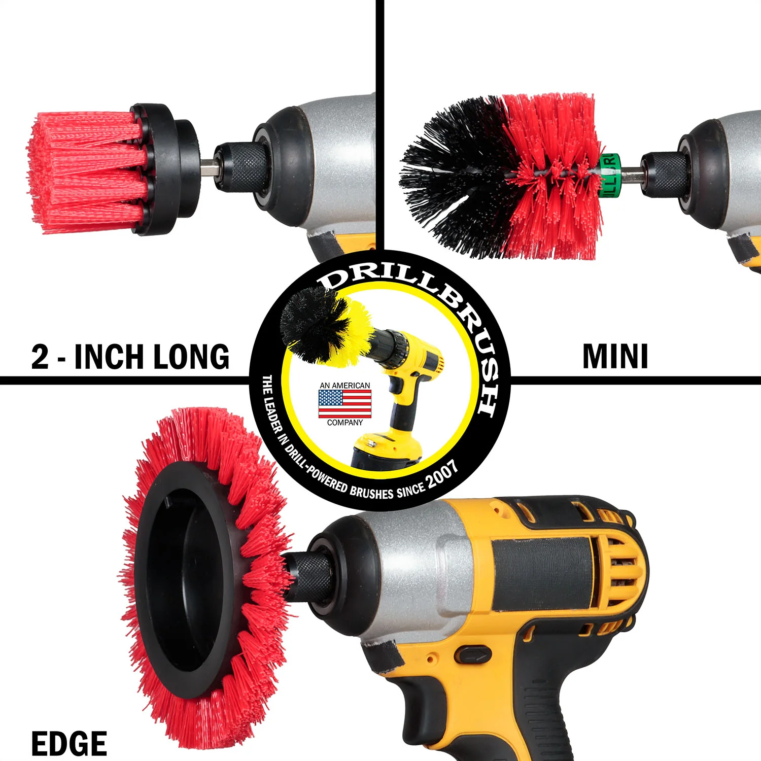 Edge Brush, 2in Long, and Mini Original Brush all in Stiff Red - Outdoor Power Scrubber  | R-EMS-2L-QC-DB - Image 3