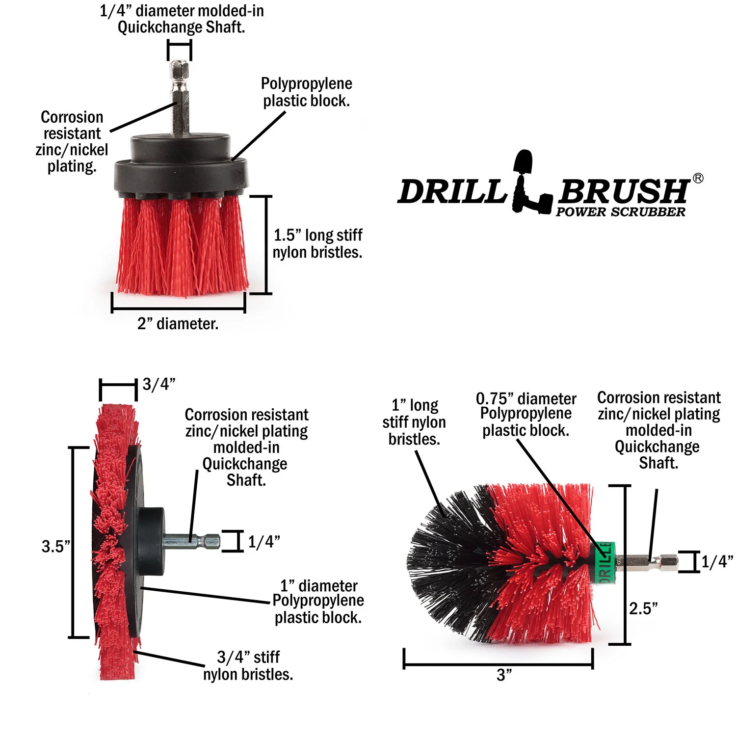 Edge Brush, 2in Long, and Mini Original Brush all in Stiff Red - Outdoor Power Scrubber  | R-EMS-2L-QC-DB - Image 5