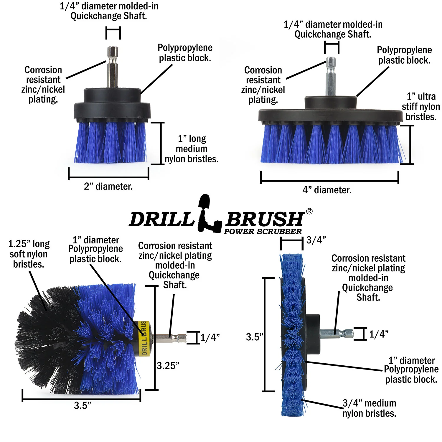 Edge, Original, 4in, & 2in Blue Brushes - Medium Bristles - Marine & Pool Cleaning | B-S-E42O-QC-DB - Image 5