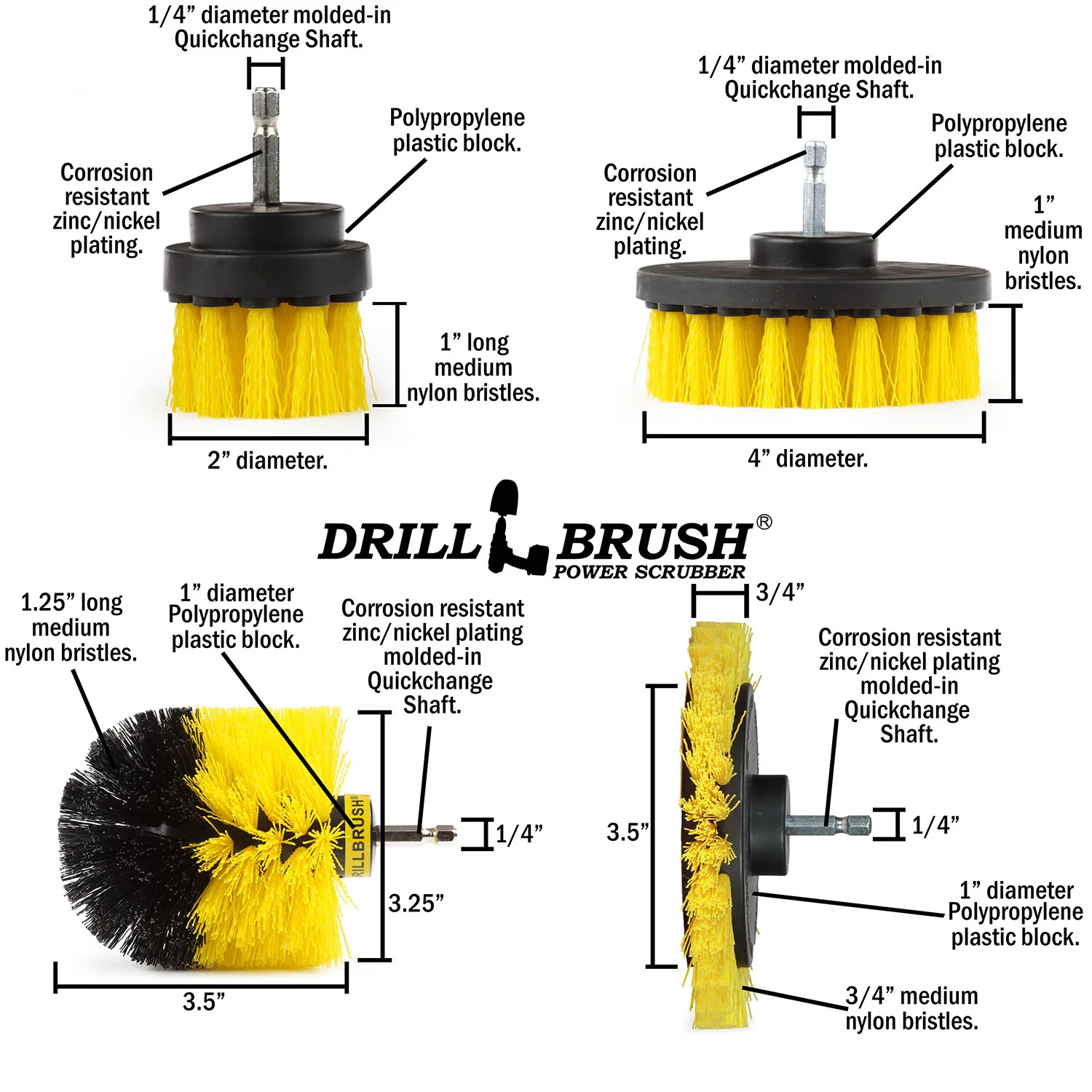 Edge, Original, 4in, & 2in Yellow Brushes - Medium Stiffness - Bathroom & Shower Cleaning | Y-S-E42O-QC-DB - Image 5
