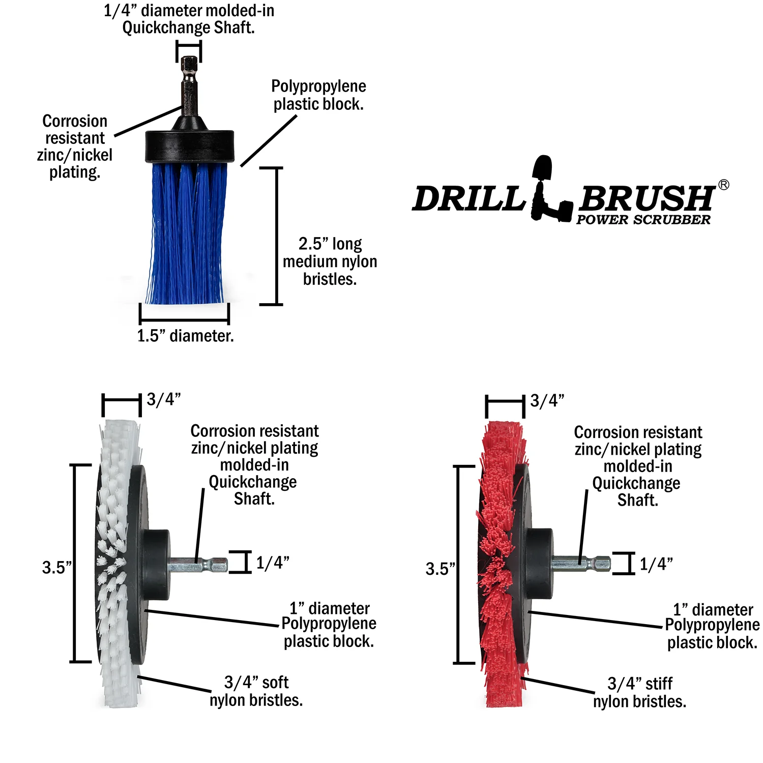 Edge x2 and 1 inch Long Variety Brushes - Soft, Medium, & Stiff Bristles - General Household Cleaning | WRES-B1L-QC-DB - Image 3