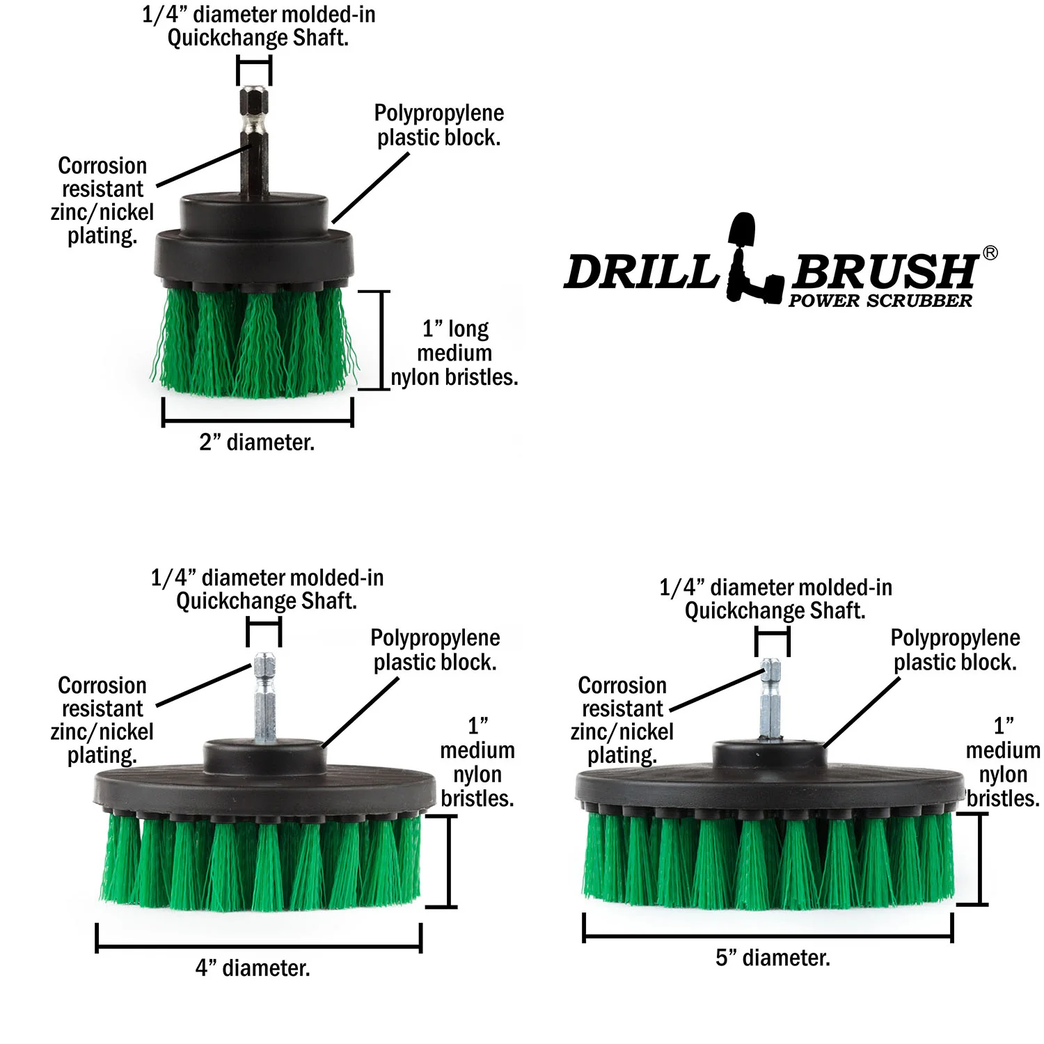 5in, 4in, & 2in Green Brushes - Medium Bristles - Kitchen & Appliances Cleaning | G-S-542-QC-DB - Image 5