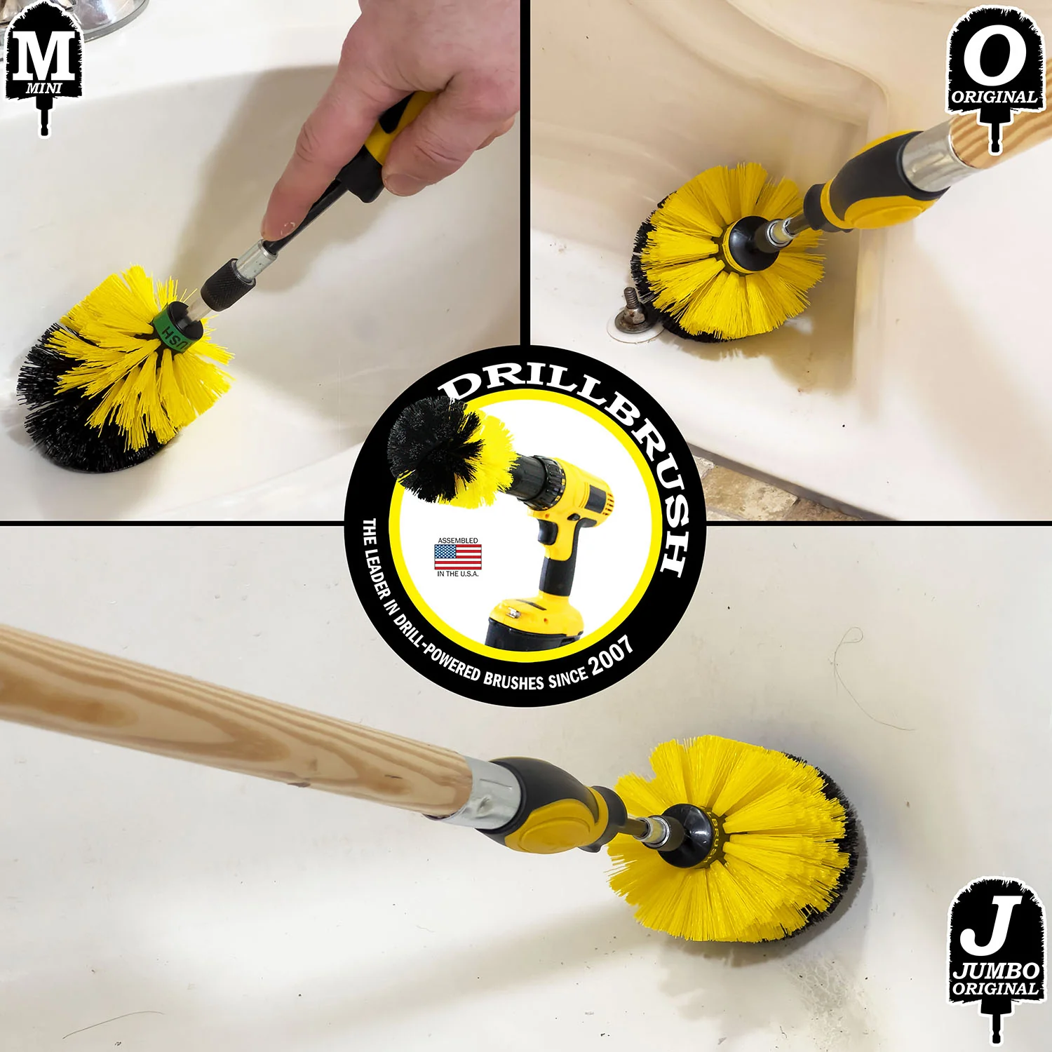 Jumbo, Original, and Mini Brushes w/ Handle Kit - Medium Yellow Bristles - Bathroom Cleaning | Y-S-JOM-HD-QC-DB - Image 3