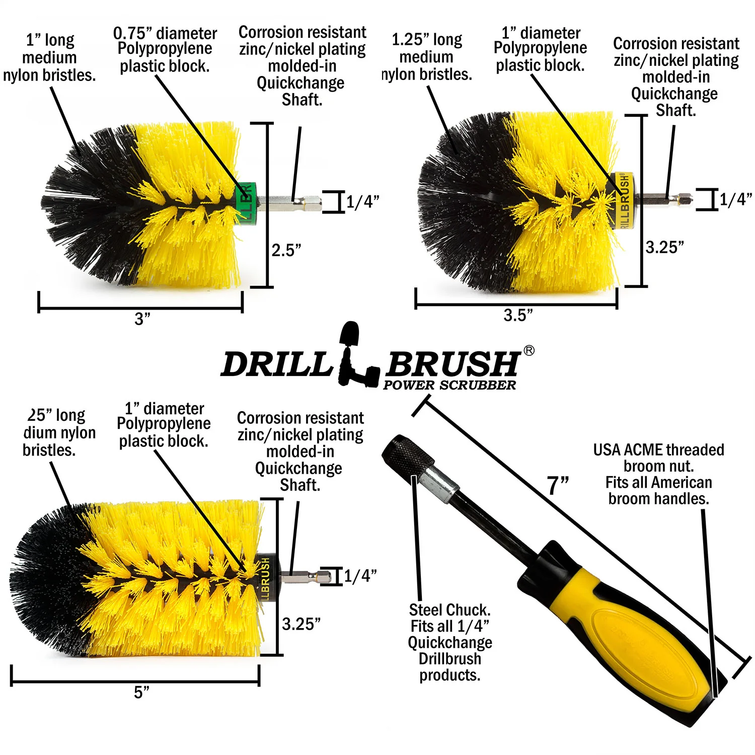 Jumbo, Original, and Mini Brushes w/ Handle Kit - Medium Yellow Bristles - Bathroom Cleaning | Y-S-JOM-HD-QC-DB - Image 4