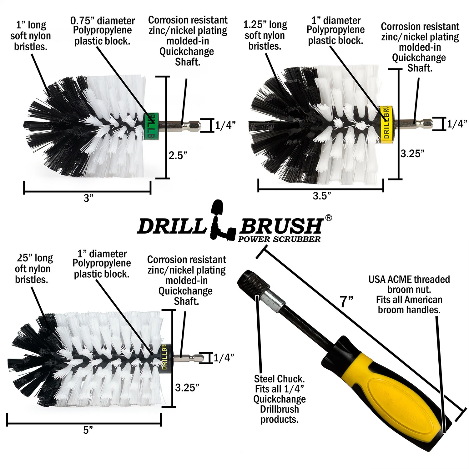 Jumbo, Original, and Mini Brushes w/ Handle Kit - Soft White Bristles - Home & Auto Cleaning | W-S-JOM-HD-QC-DB - Image 4