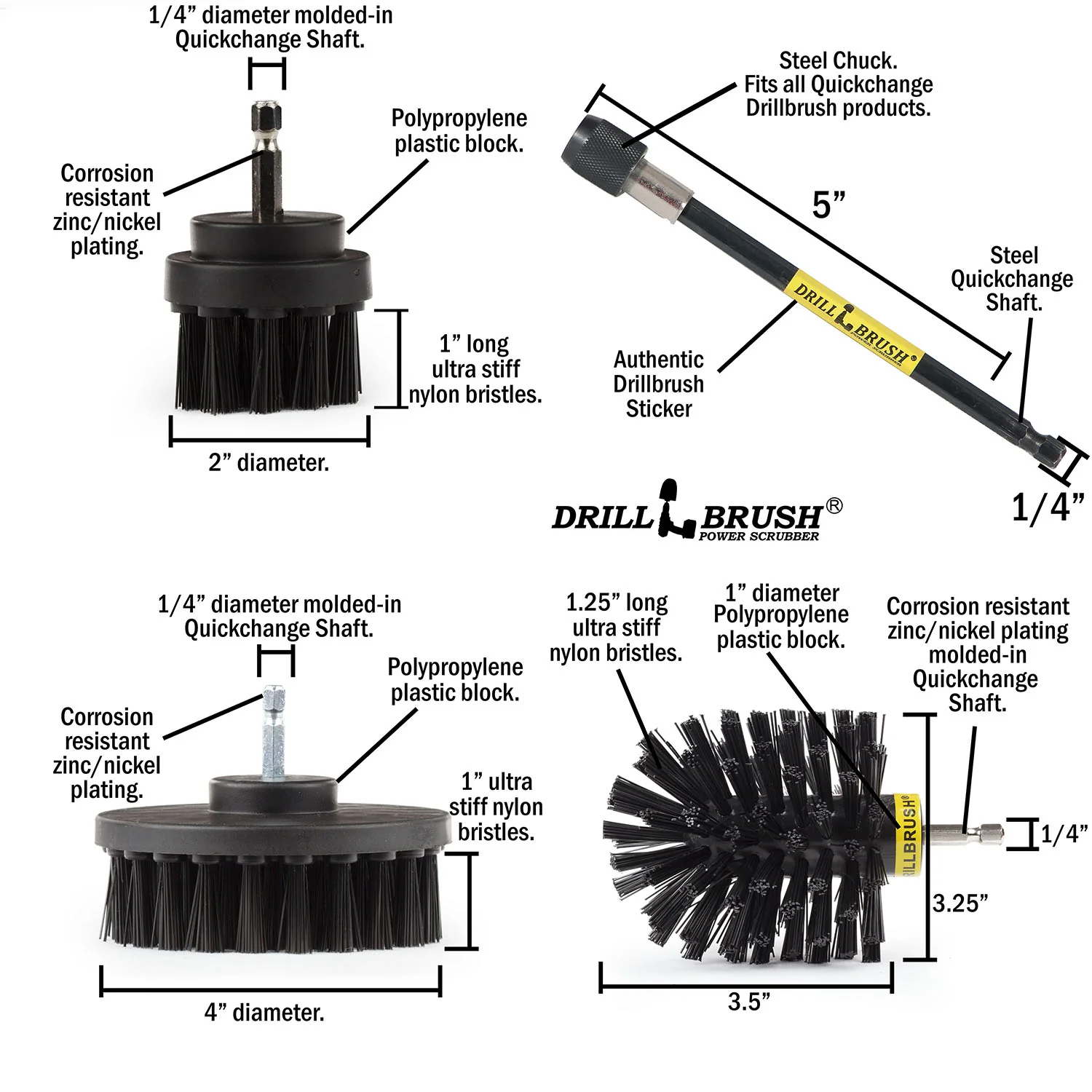 Original, 4in, & 2in Black Brushes w/5in Ext. - Heavy Duty & Grill Cleaning | K-S-42O-5X-QC-DB - Image 5