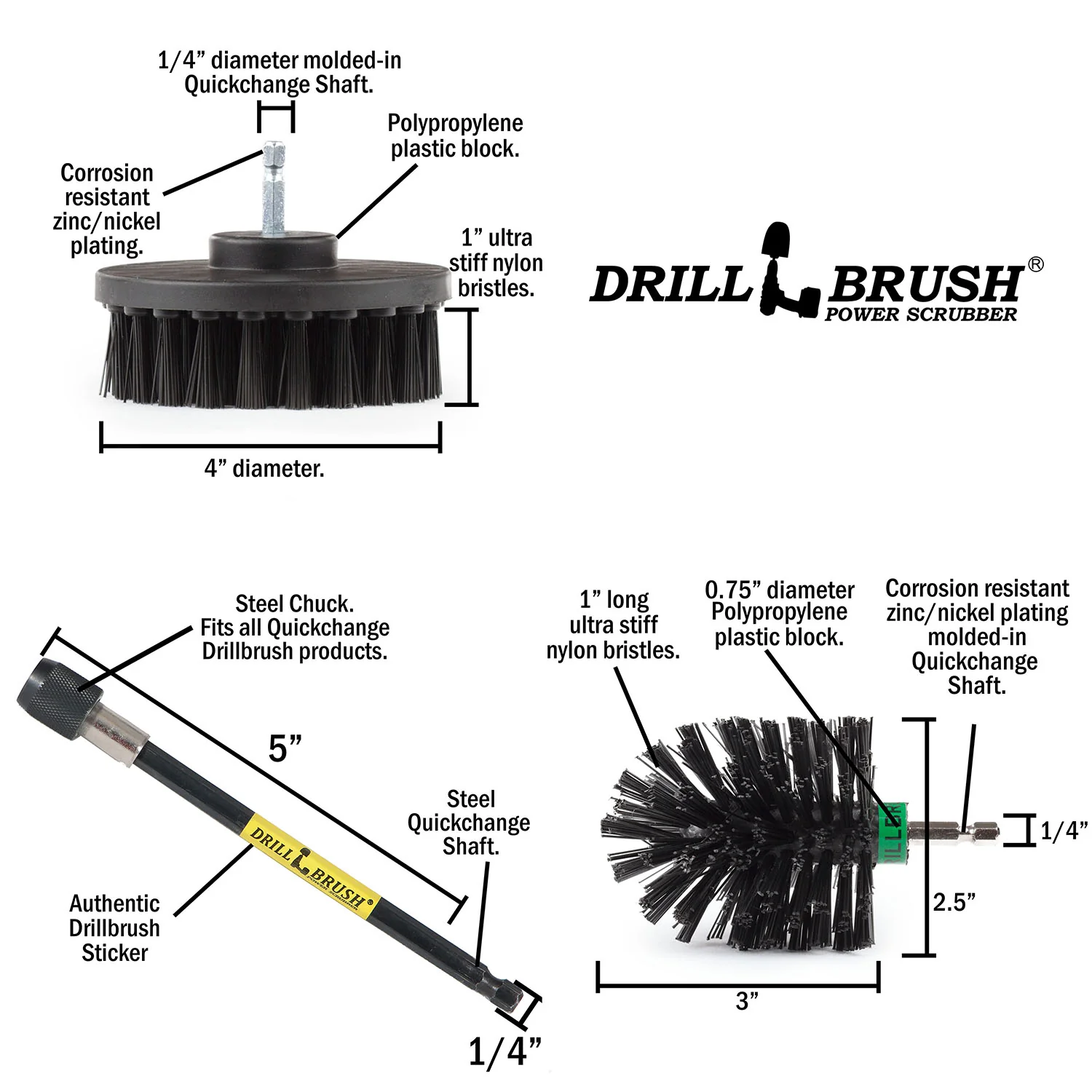 Mini & 4in Brushes w/ 5in Extension - Ultra Stiff - Heavy Duty & Grill Cleaning | K-S-4M-5X-QC-DB - Image 5