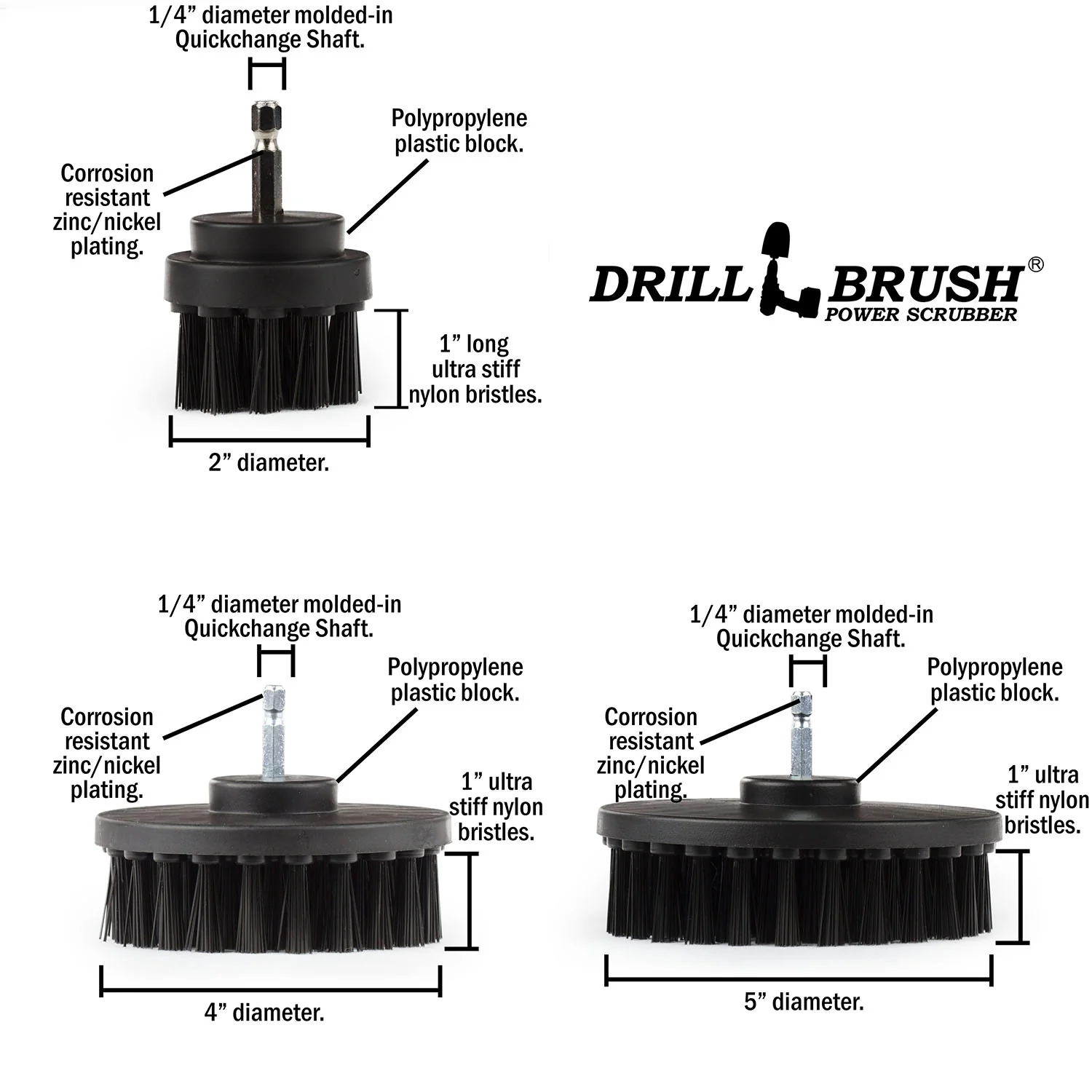 5in, 4in, & 2in Black Brushes - Ultra Stiff Bristles - Heavy Duty & Grill Cleaning | K-S-542-QC-DB - Image 5