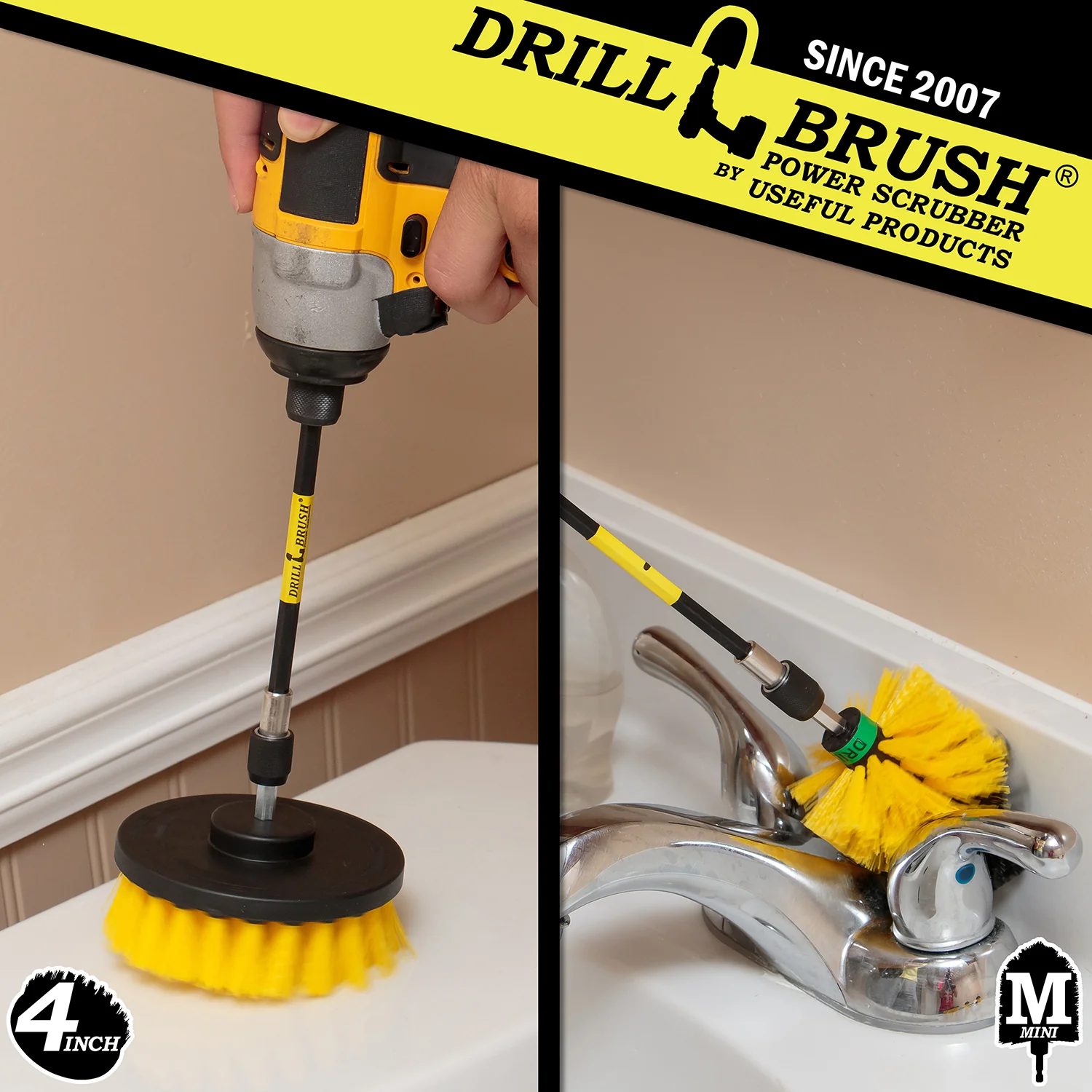 Mini & 4in Yellow Brushes - Medium Bristles - Bathroom & Shower Cleaning | Y-S-4M-5X-QC-DB - Image 4