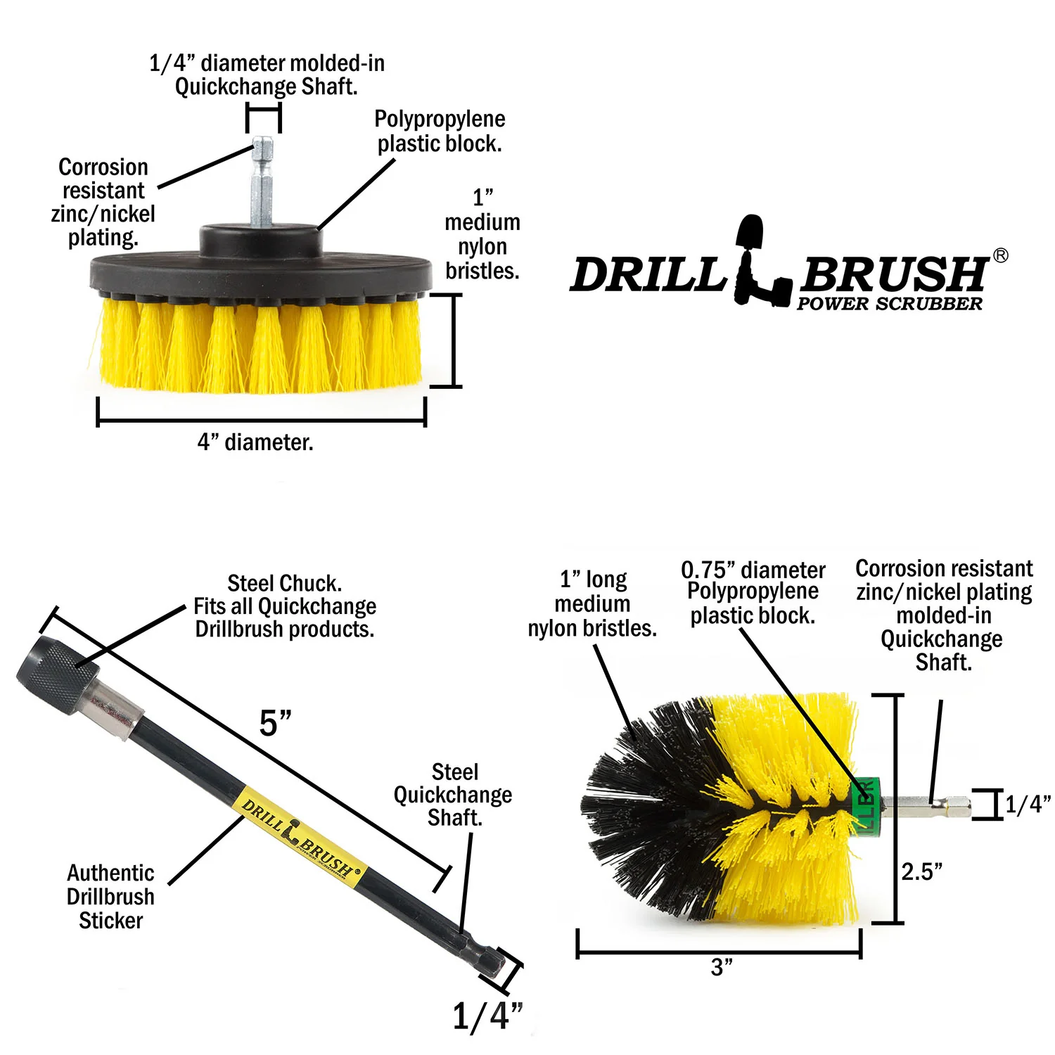 Mini & 4in Yellow Brushes - Medium Bristles - Bathroom & Shower Cleaning | Y-S-4M-5X-QC-DB - Image 5