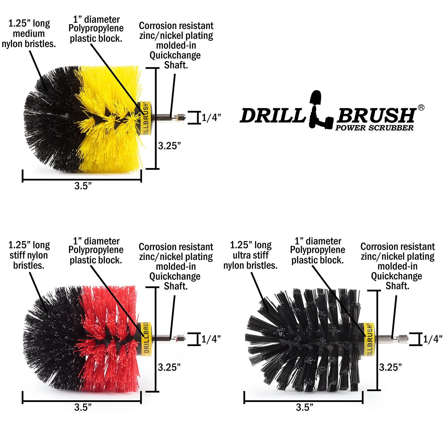 Original Brush 3-Pc. Kit - Medium, Stiff, & Ultra Stiff - Bathroom, Outdoor, & Grill | O-S-YRK-QC-DB - Image 5