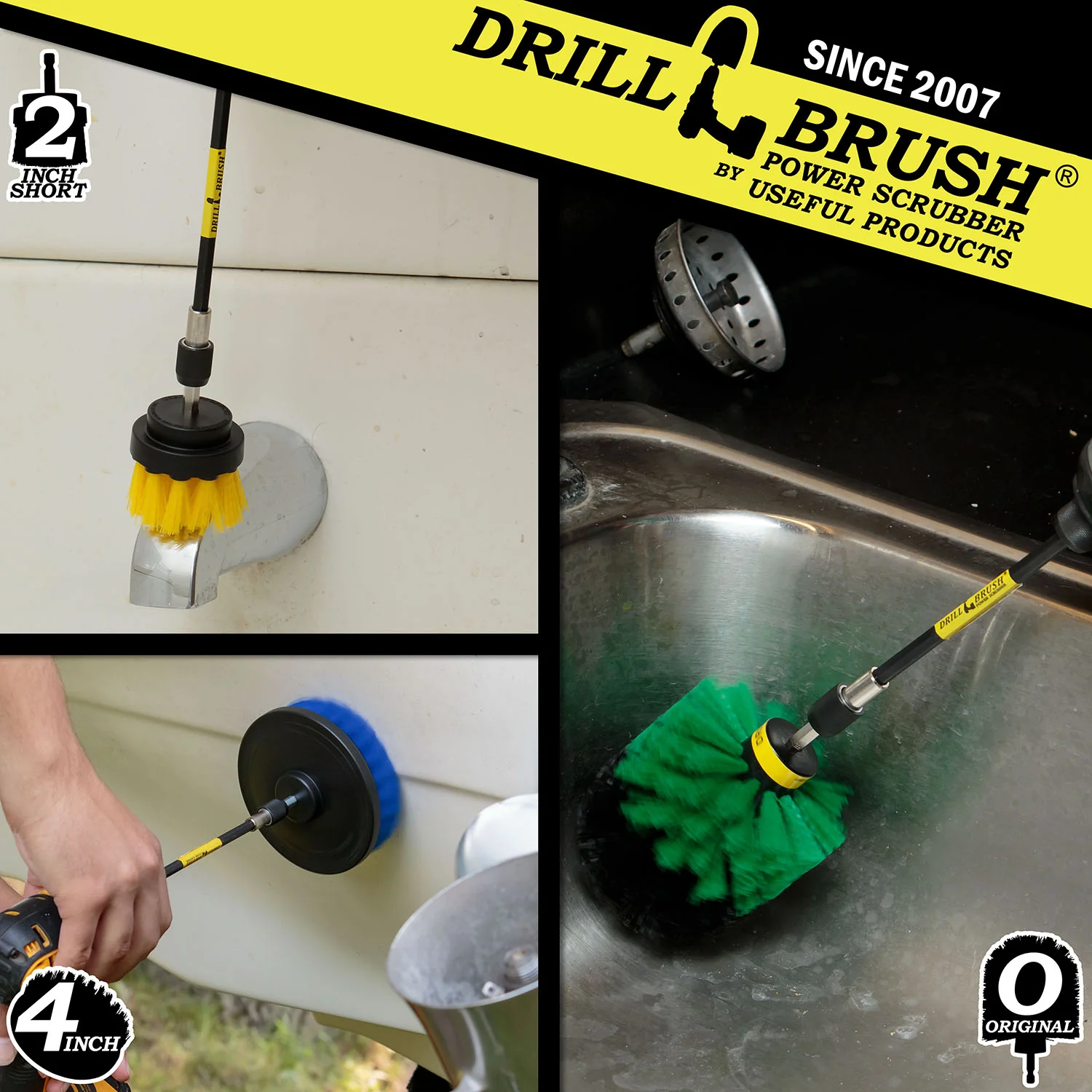 Original, 4 inch, and 2 inch Short Brushes with 5 inch Extension - Medium Bristles - General Cleaning | Y2-GO-B4-S-5X-QC-DB - Image 2