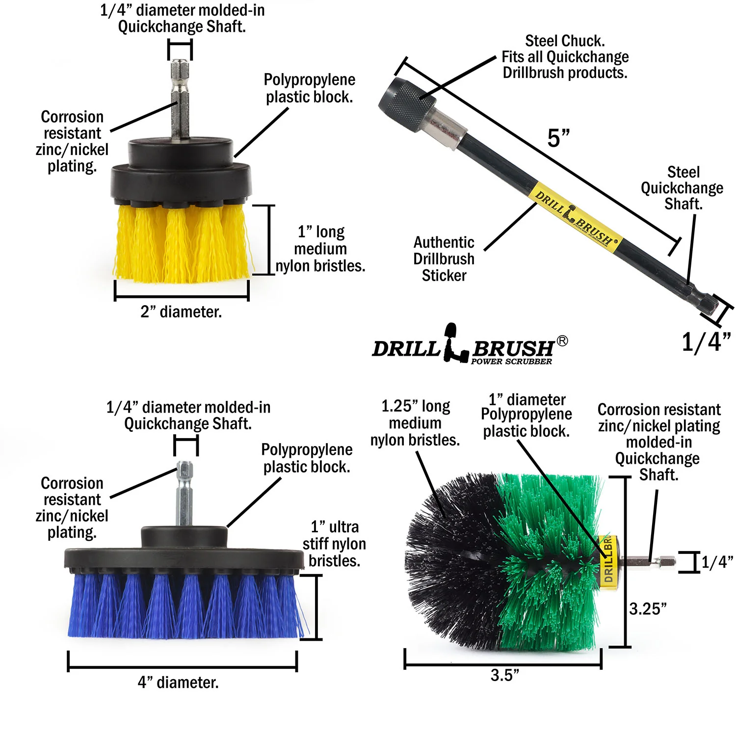 Original, 4 inch, and 2 inch Short Brushes with 5 inch Extension - Medium Bristles - General Cleaning | Y2-GO-B4-S-5X-QC-DB - Image 6