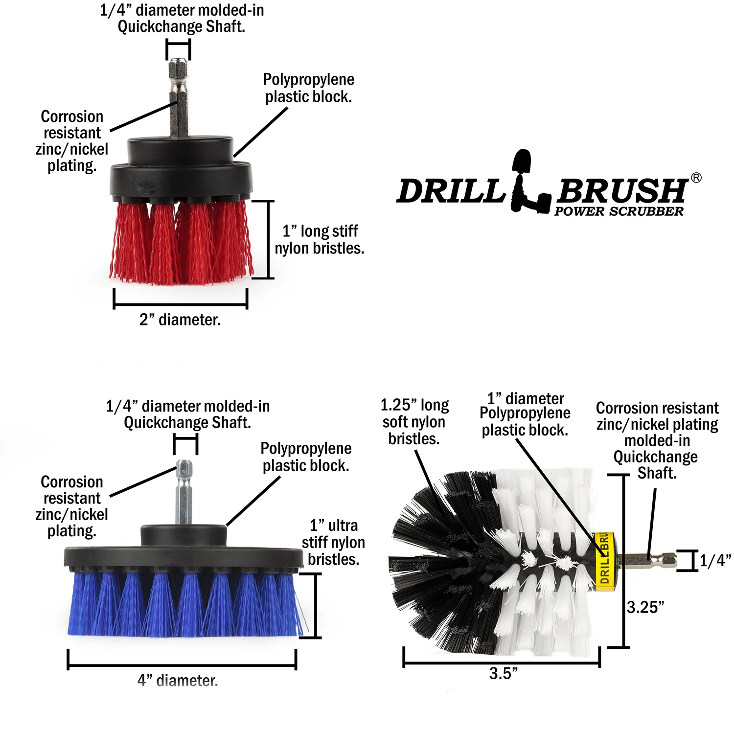 Original, 4in, & 2in Variety Brushes - Soft, Medium, & Stiff Bristles - General Household Cleaning | WO-B4-R2-S-QC-DB - Image 3