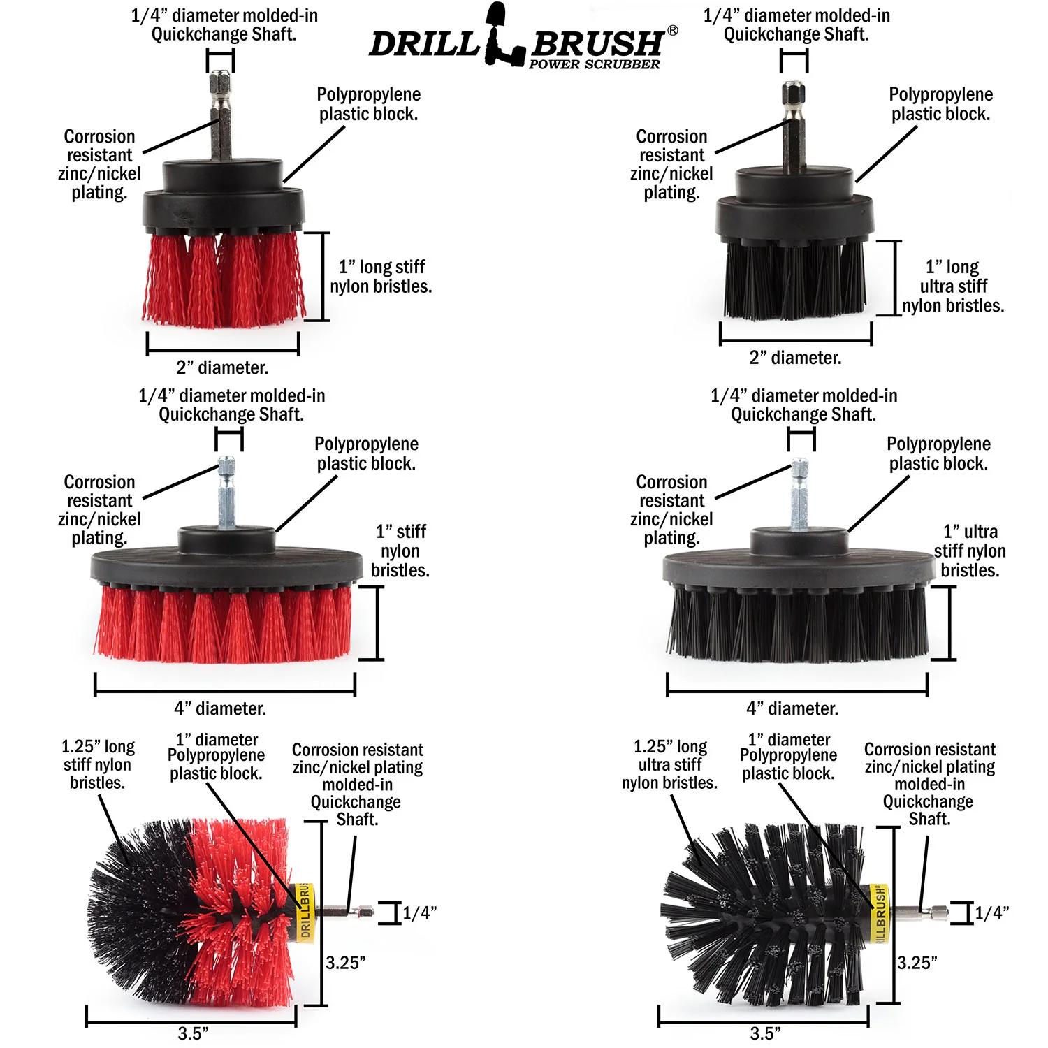 Original, 4in, and 2in Red and Black Brush Bundle Pack - Stiff & Ultra Stiff Bristles - Outdoor, Patio, Grill & Industrial Cleaning | S-R42O-K42O-QC-DB - Image 4