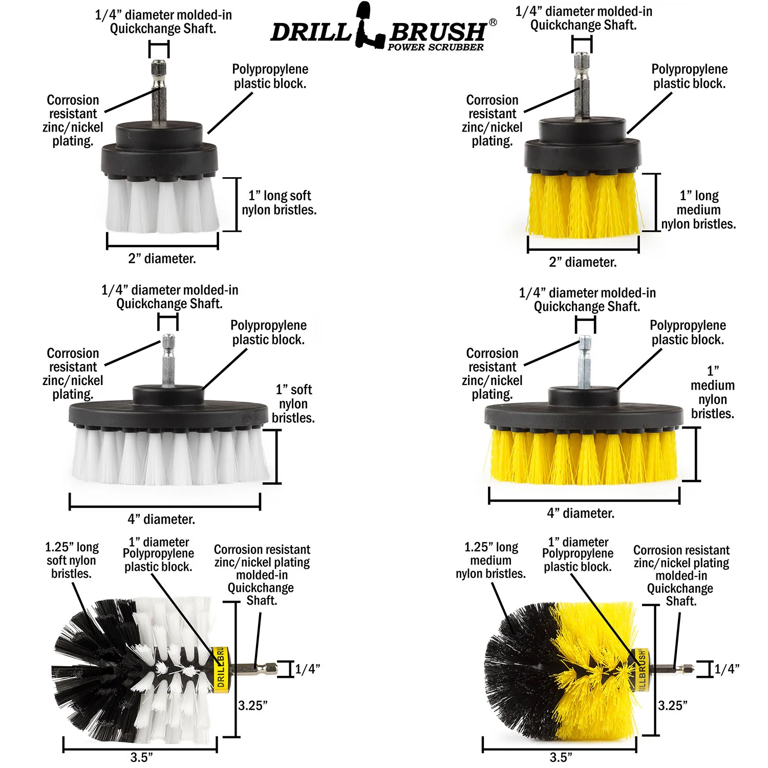 Original, 4in, and 2in White and Yellow Brush Bundle Pack - Soft & Medium Bristles - Home, Bathroom, & Auto Cleaning | S-W42O-Y42O-QC-DB - Image 4