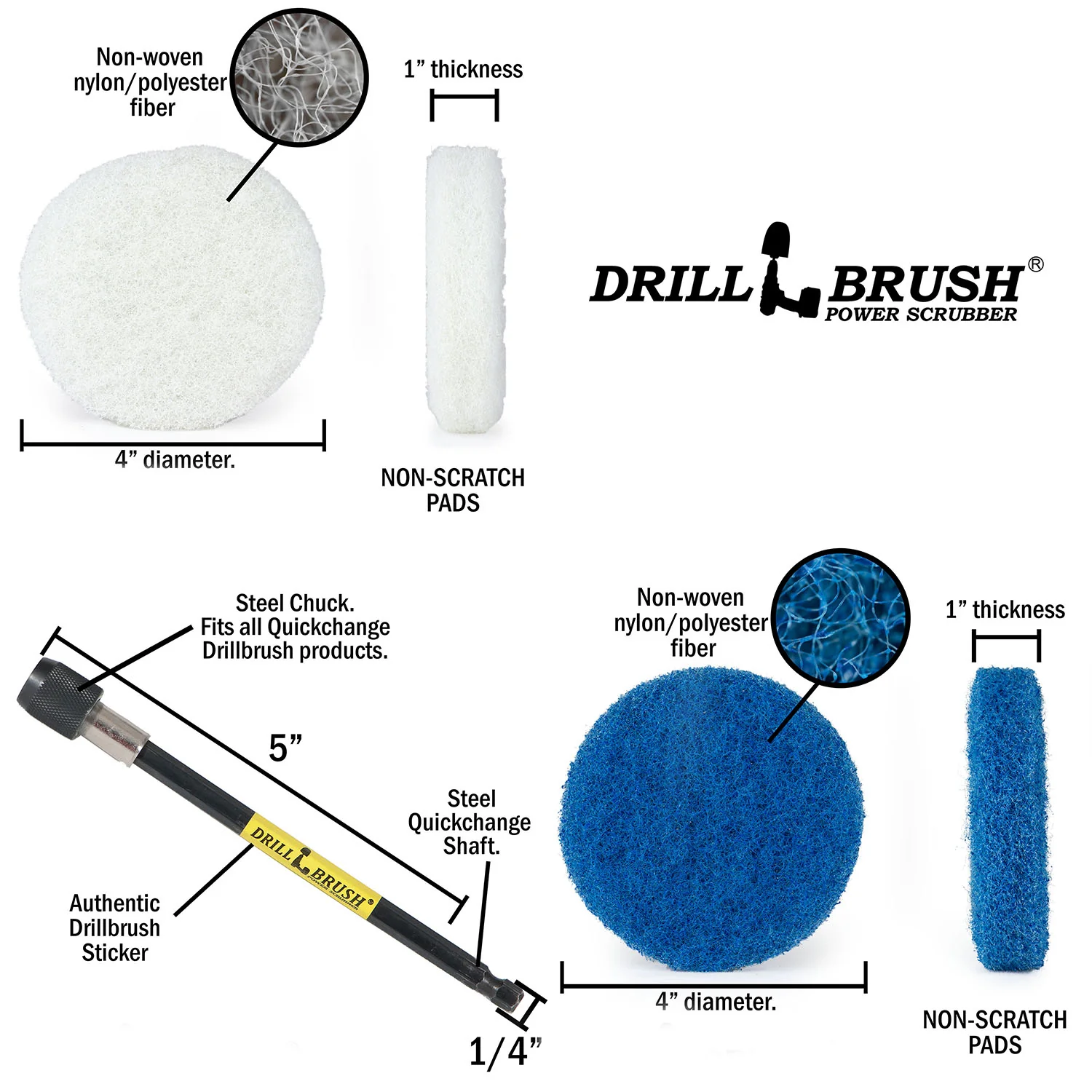 4in White & Blue Scrubbing Pad Kit w/ 5in Extension - Very Soft & Stiff - Home & Auto Cleaning | P4-2WB-4V-5X-QC-DB - Image 5