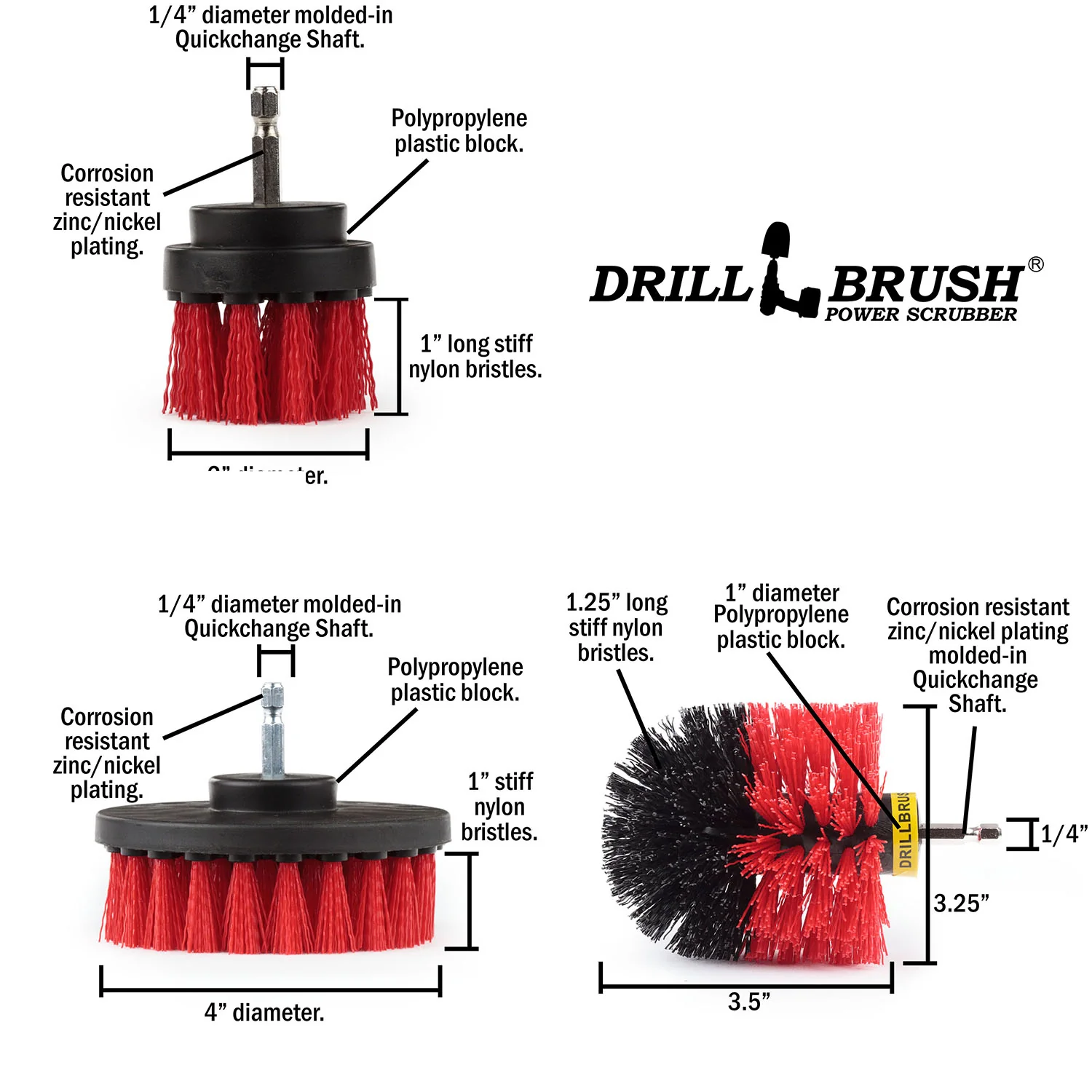 Original, 4in, and 2in Red Brushes - Stiff Bristles - Outdoor & Patio Cleaning | R-S-42O-QC-DB - Image 5