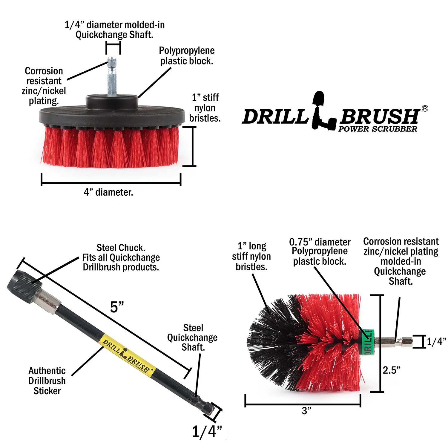 Mini & 4in Red Brushes w/5in Extension - Stiff Bristles - Outdoor & Patio Cleaning | R-S-4M-5X-QC-DB - Image 5