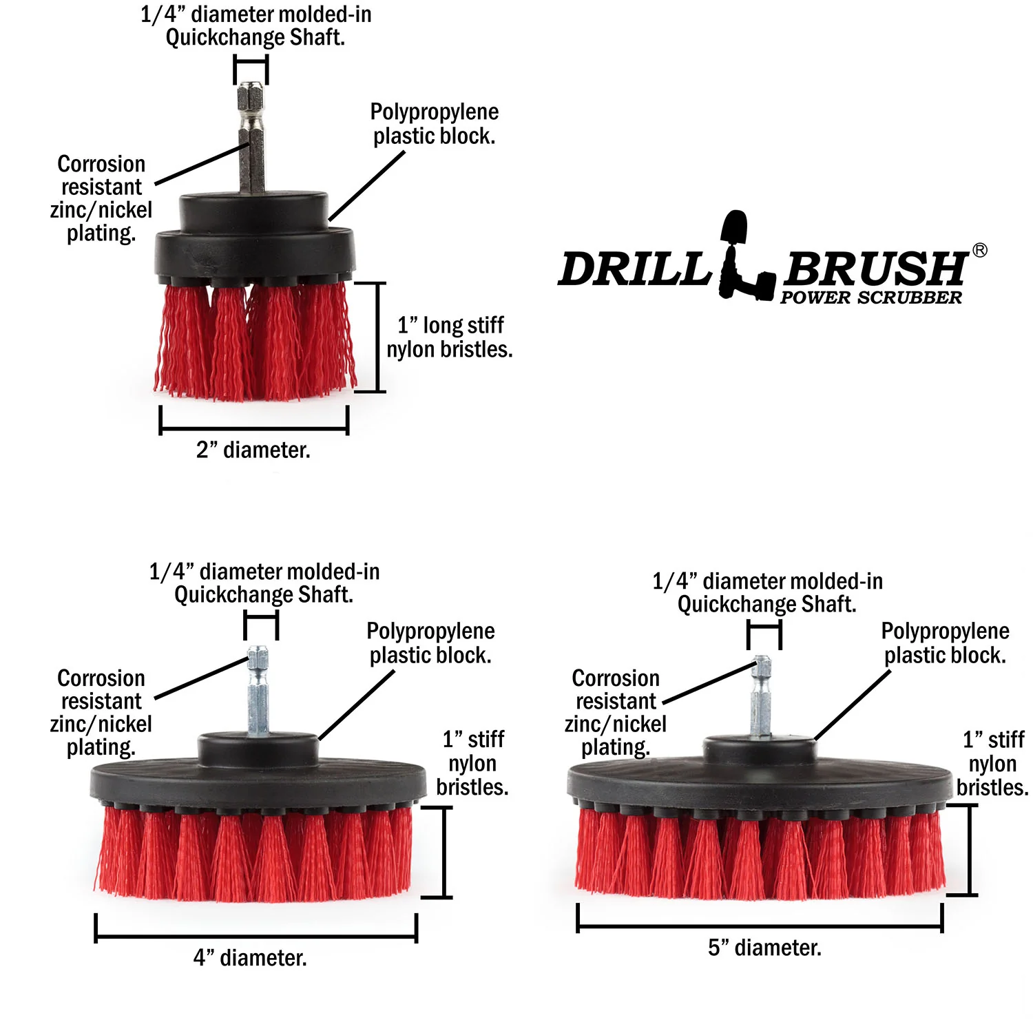 5in, 4in, & 2in Red Brushes - Stiff Bristles - Outdoor & Patio Cleaning | R-S-542-QC-DB - Image 5