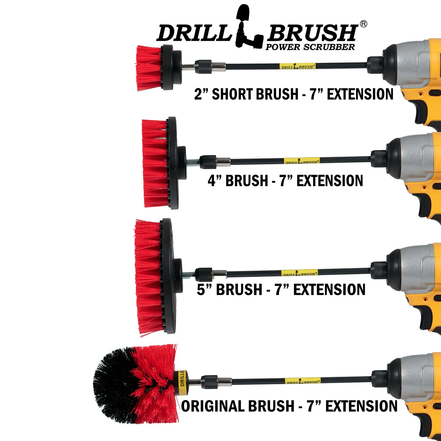 Original, 5in, 4in, and 2in Red Brushes w/ 7in Extension - Stiff Bristles - Outdoor & Patio Cleaning | R-S-542O-7X-QC-DB - Image 3