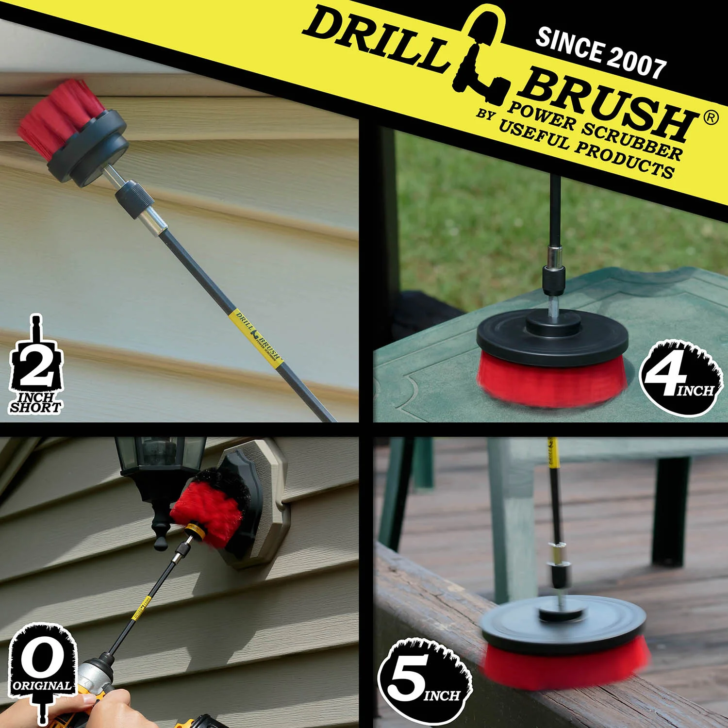 Original, 5in, 4in, and 2in Red Brushes w/ 7in Extension - Stiff Bristles - Outdoor & Patio Cleaning | R-S-542O-7X-QC-DB - Image 4